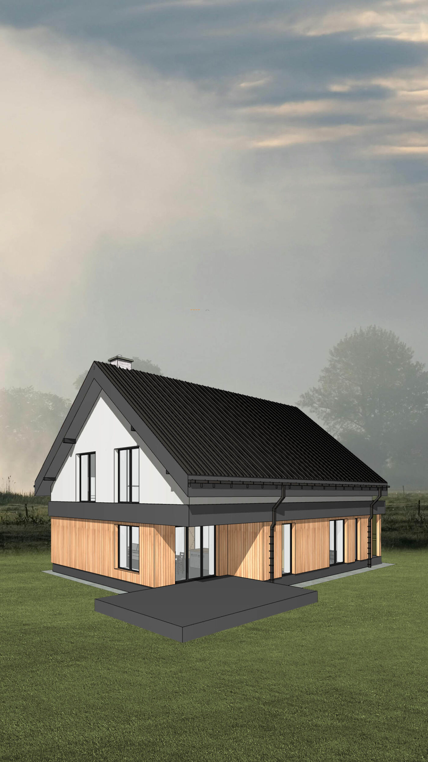 MK Archistudio, architekt Białystok, Projekt domu pasywnego z drewnianą elewacją, dom energooszczędny dom z poddasze, widok na elewację południowo-zachodnią