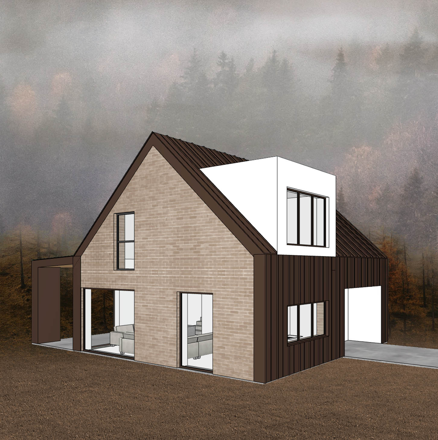 Mały dom, który wtapia się w ciszę lasu.