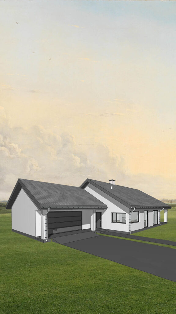 Projekt domu energooszczędnego, parterowego, drewnianego, w konstrukcji szkieletowej, elewacja południowo-zachodnia