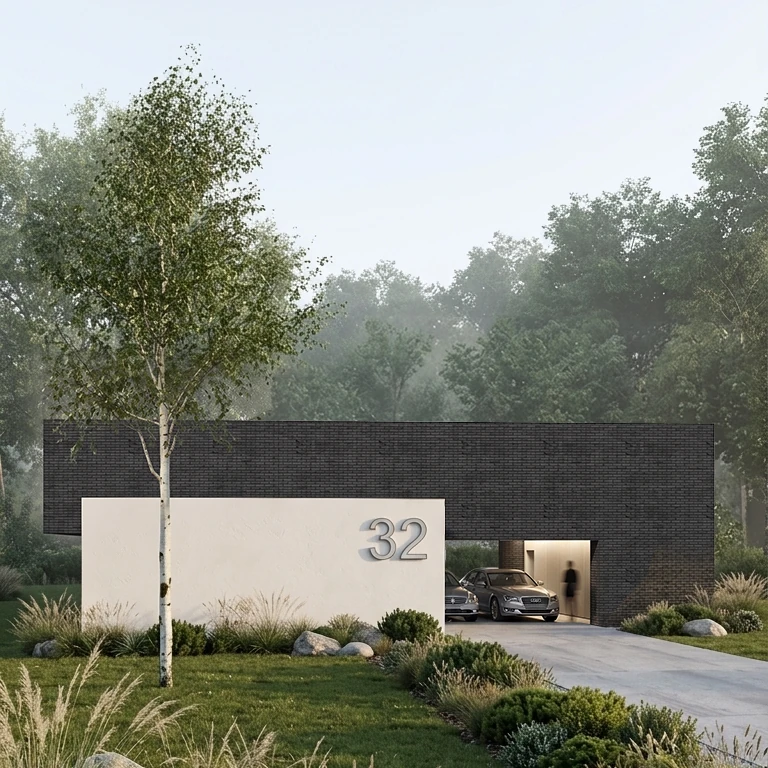 Projekt energooszczędnego domu z płaskim dachem, czarno-biała elewacja z czarnej cegły i białego tynku, duże przeszklenia, elewacja północna, MK Archistudio