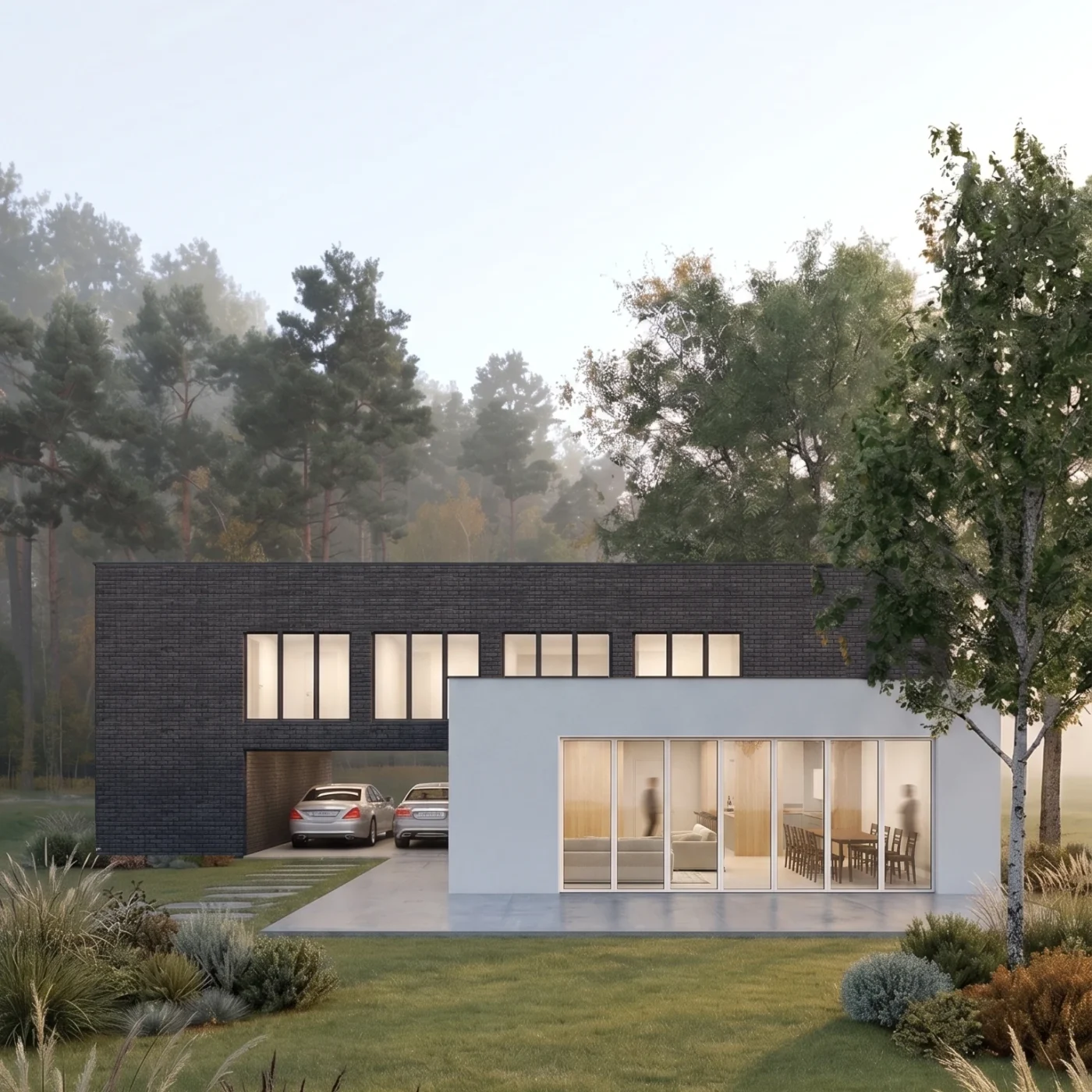Projekt energooszczędnego domu z płaskim dachem, czarno-biała elewacja z czarnej cegły i białego tynku, duże przeszklenia, elewacja południowa, MK Archistudio