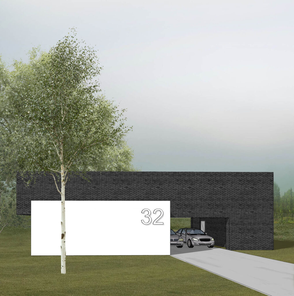 Projekt, nowoczesnego domu z płaskim dachem, czarno-białe elewacje, elewacja północna