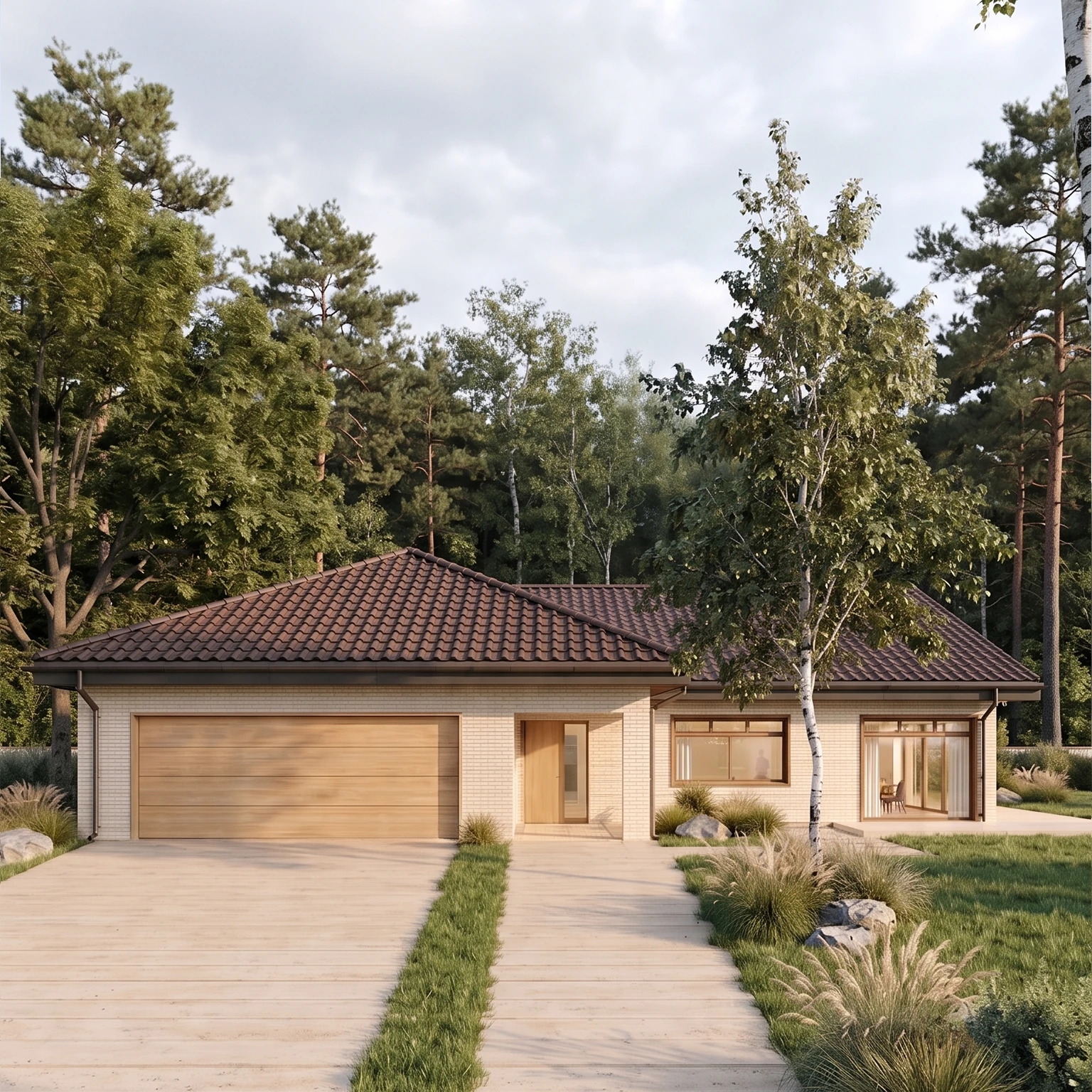Projekt parterowego, energooszczędnego domu z trójkątnymi oknami i przeszkloną ścianą szczytową. Elewacja z beżowej, kremowej cegły, drewniane okna | MK Archistudio | widok na elewację frontową