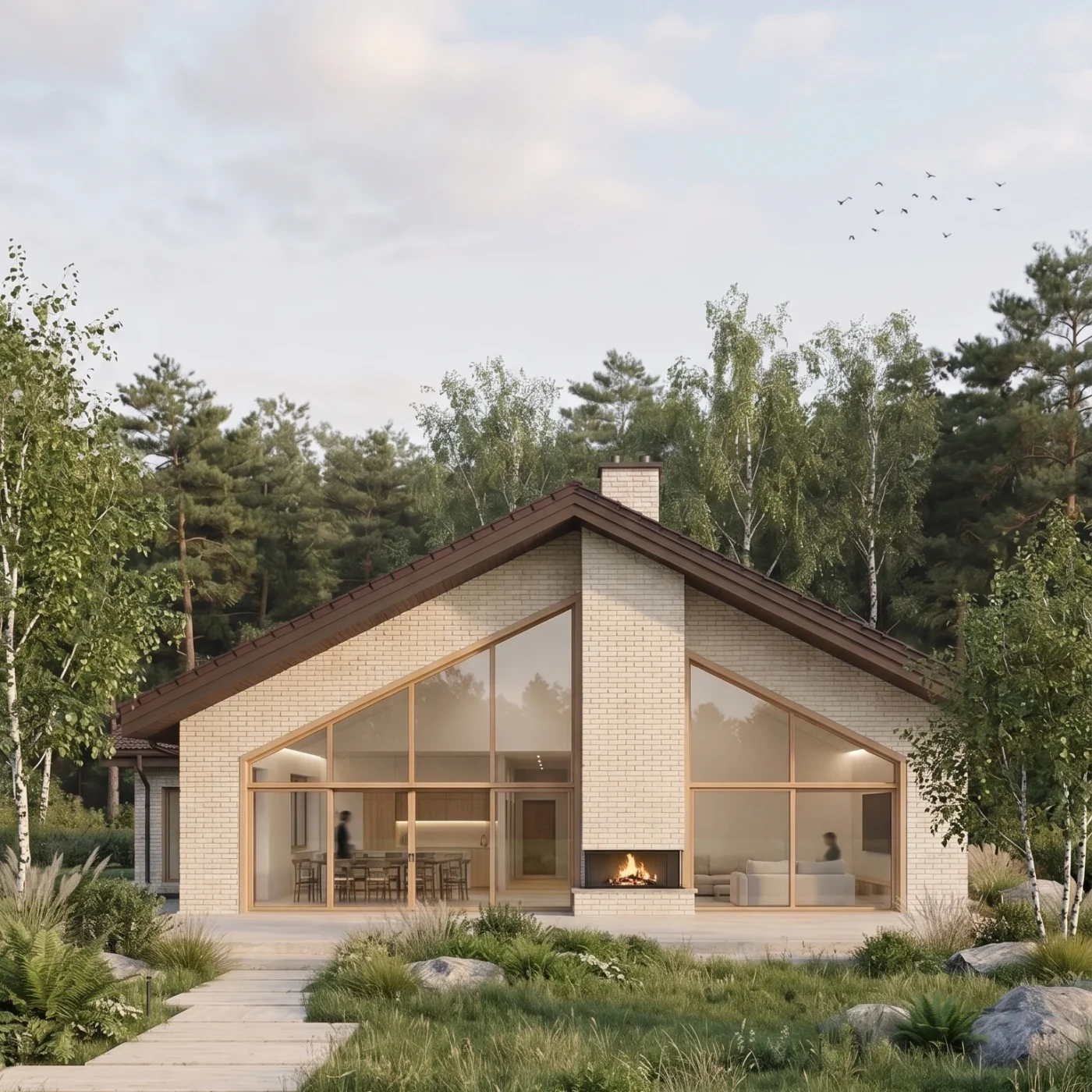 Projekt parterowego, energooszczędnego domu z trójkątnymi oknami i przeszkloną ścianą szczytową. Elewacja z beżowej, kremowej cegły, drewniane okna | MK Archistudio | widok na elewację szczytową