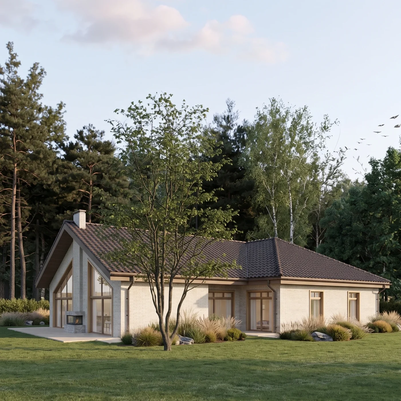 Projekt parterowego, energooszczędnego domu z trójkątnymi oknami i przeszkloną ścianą szczytową. Elewacja z beżowej, kremowej cegły, drewniane okna | MK Archistudio | widok na elewację południowo-wschodnią