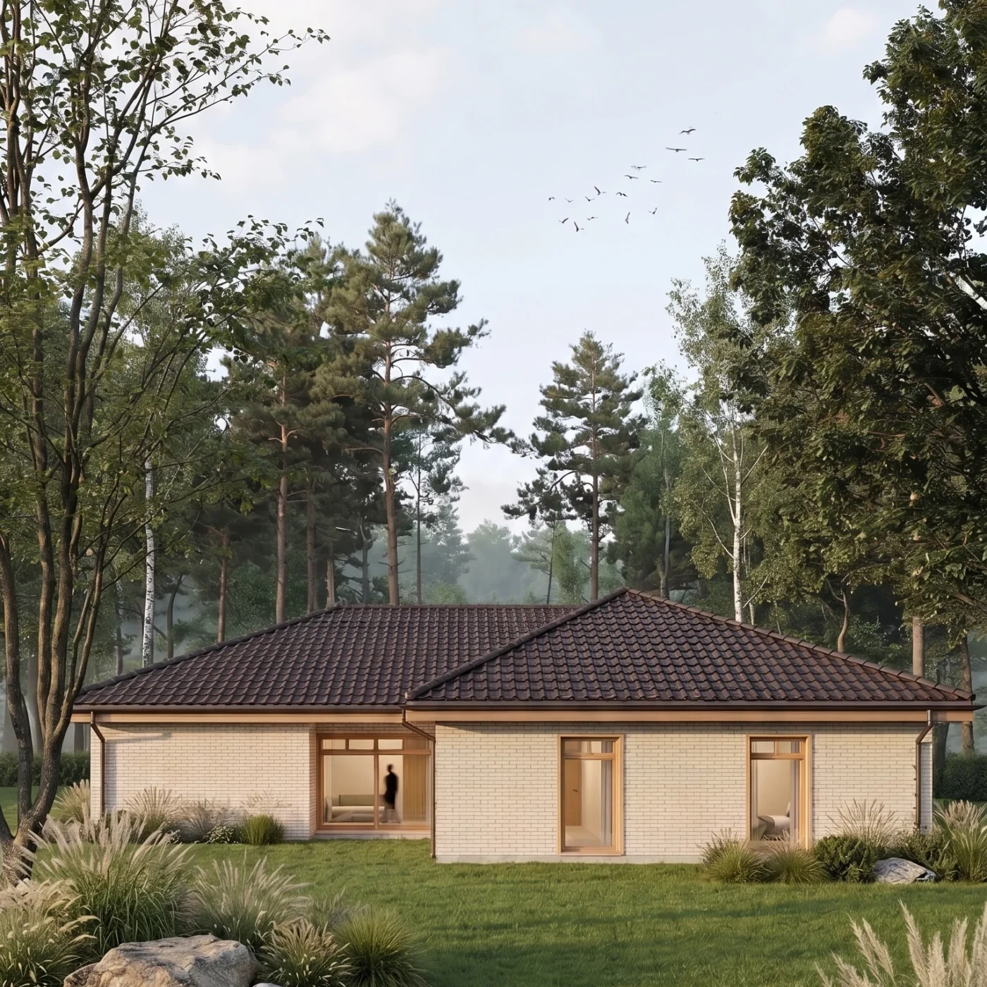 Projekt parterowego, energooszczędnego domu z trójkątnymi oknami i przeszkloną ścianą szczytową. Elewacja z beżowej, kremowej cegły, drewniane okna | MK Archistudio | widok na elewację wschodnią