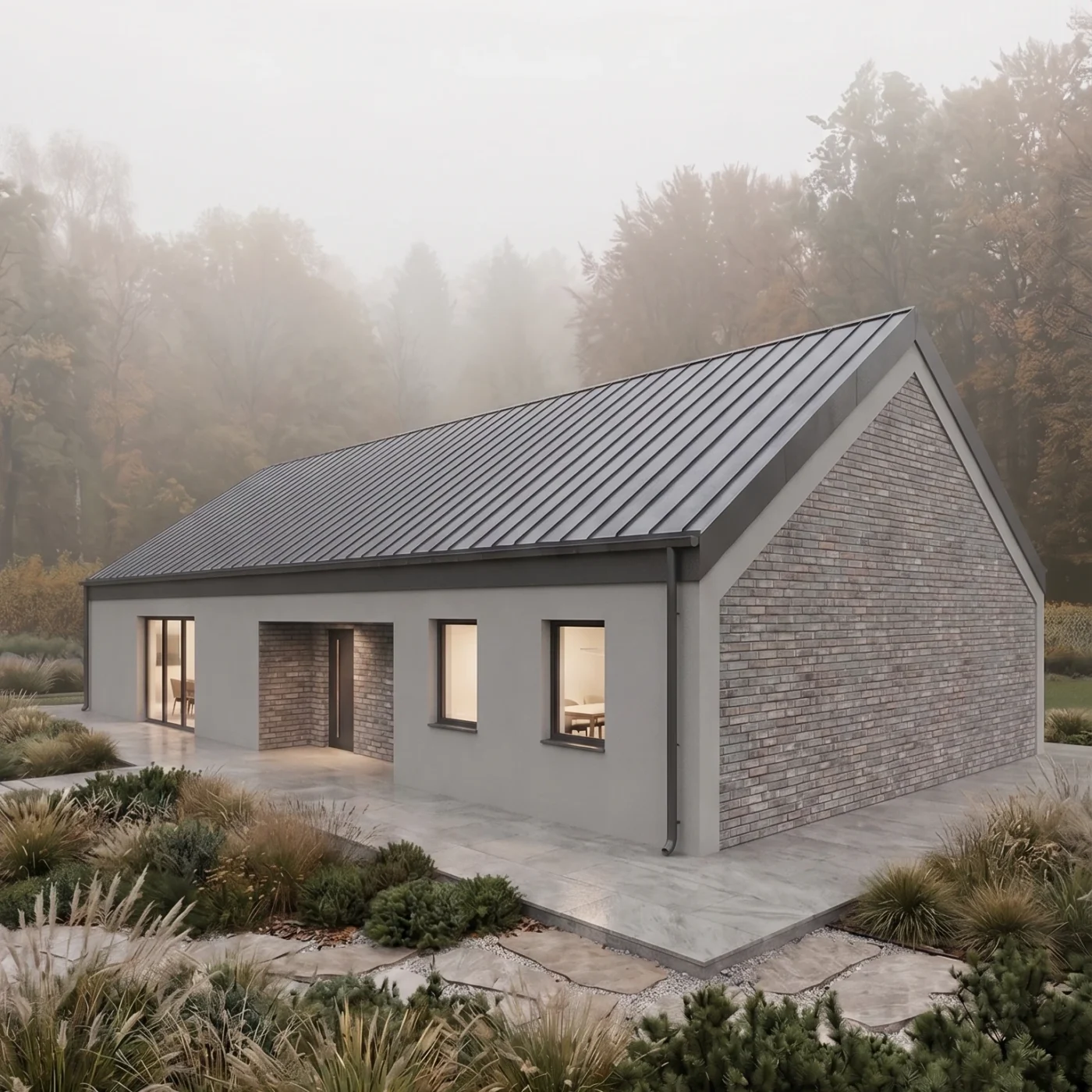 Projekt domu energooszczędnego, parterowego ze starej rozbiórkowej cegły, Choroszcz, MK Archistudio, elewacja północno-wschodnia