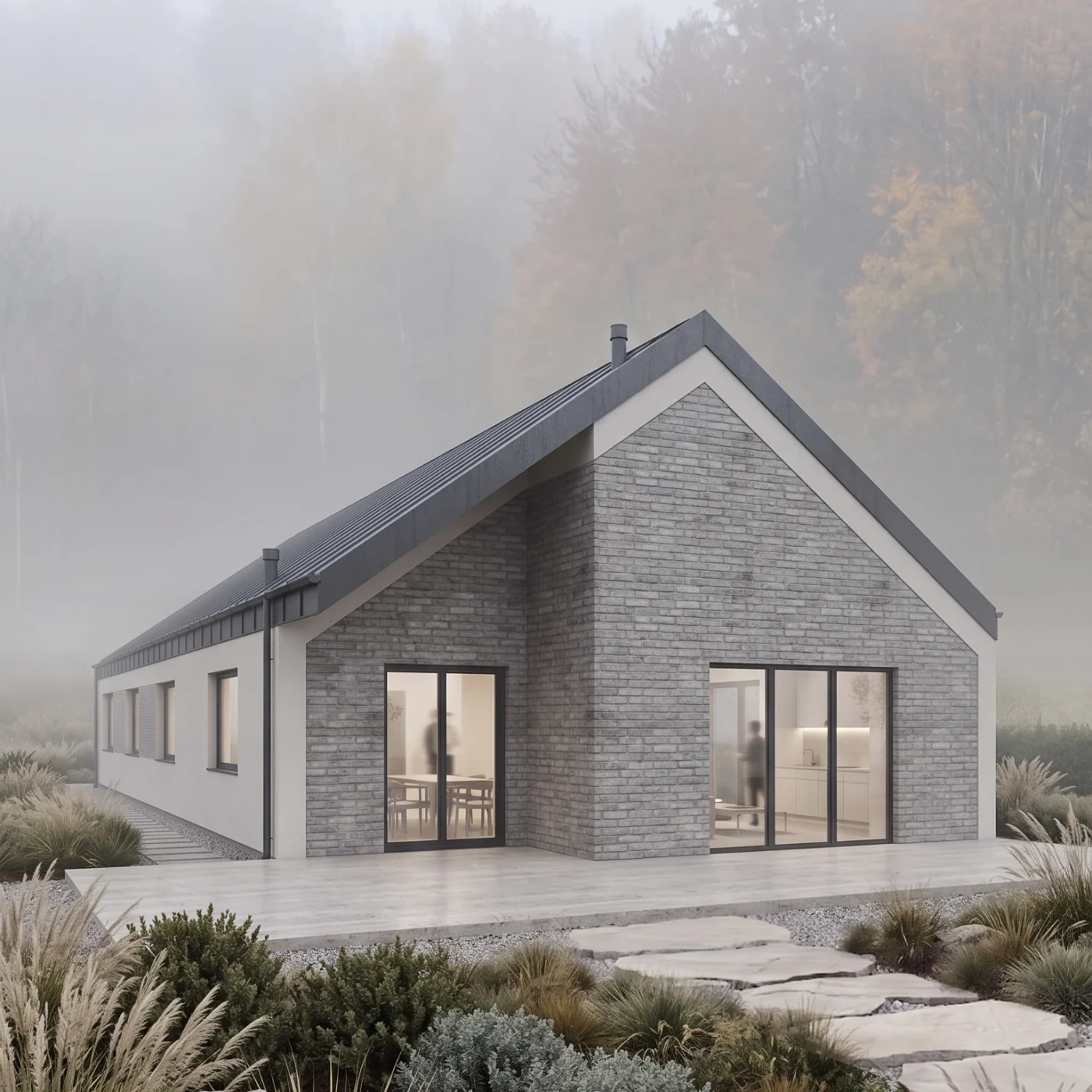 MK Archistudio, architekt Białystok, Projekt domu energooszczędnego, parterowego ze starej rozbiórkowej cegły, elewacja południowo-zachodnia
