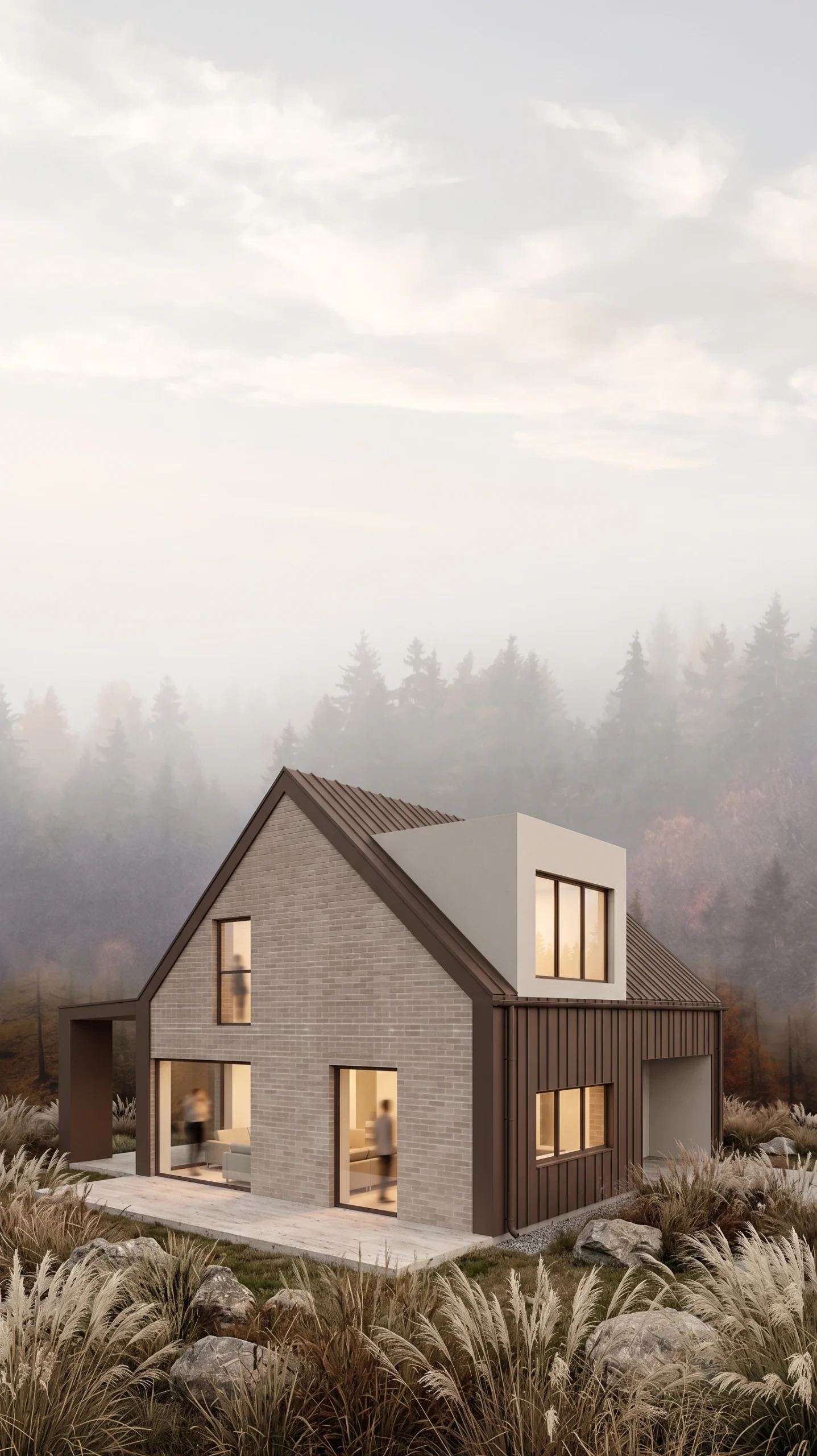 MK Archistudio, architekt Białystok, Projekt domu jednorodzinnego w lesie, cegła, blacha na rąbek, elewacja południowo-wschodnia, Augustów