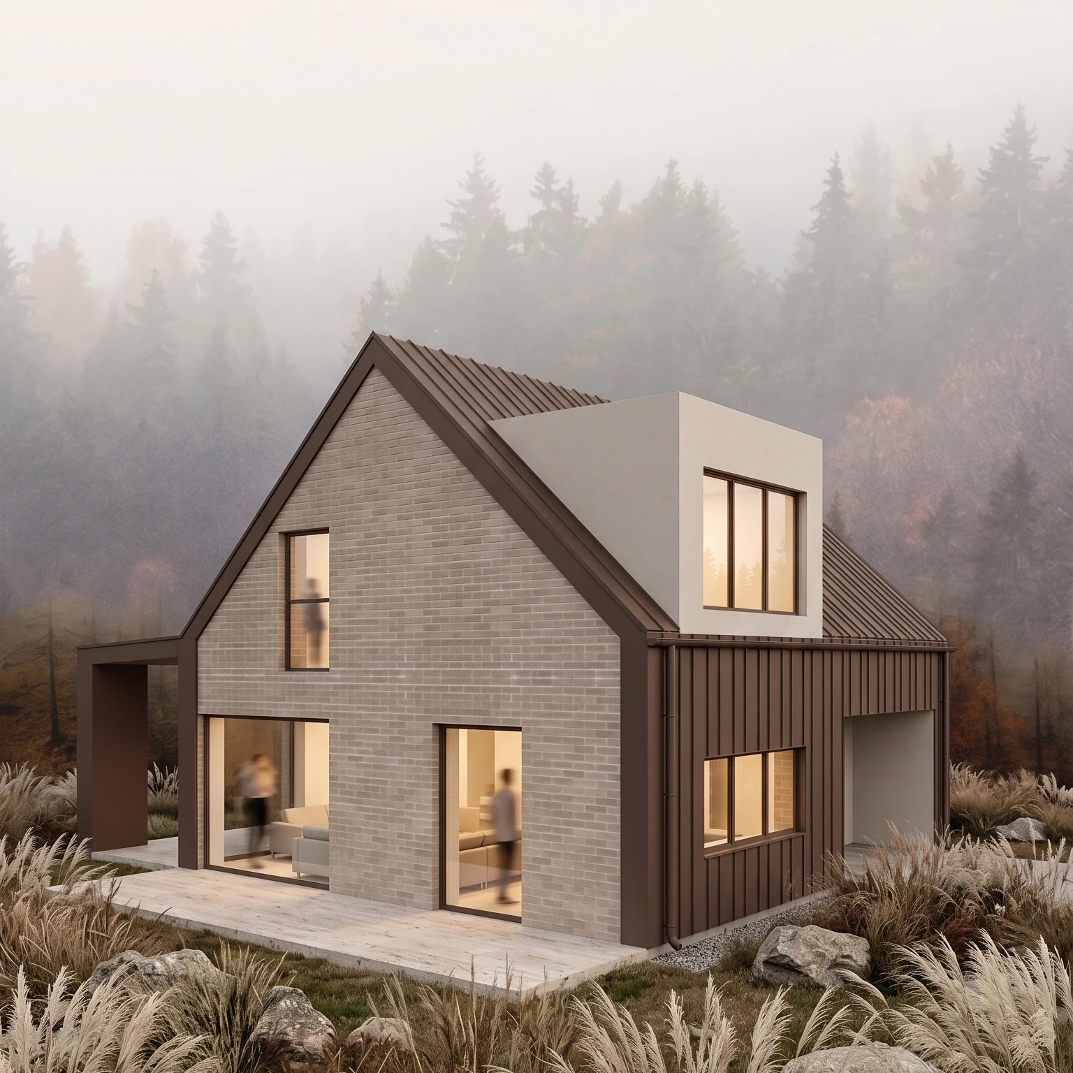 MK Archistudio, architekt Białystok, Projekt domu jednorodzinnego w lesie, cegła, blacha na rąbek, elewacja południowo-wschodnia