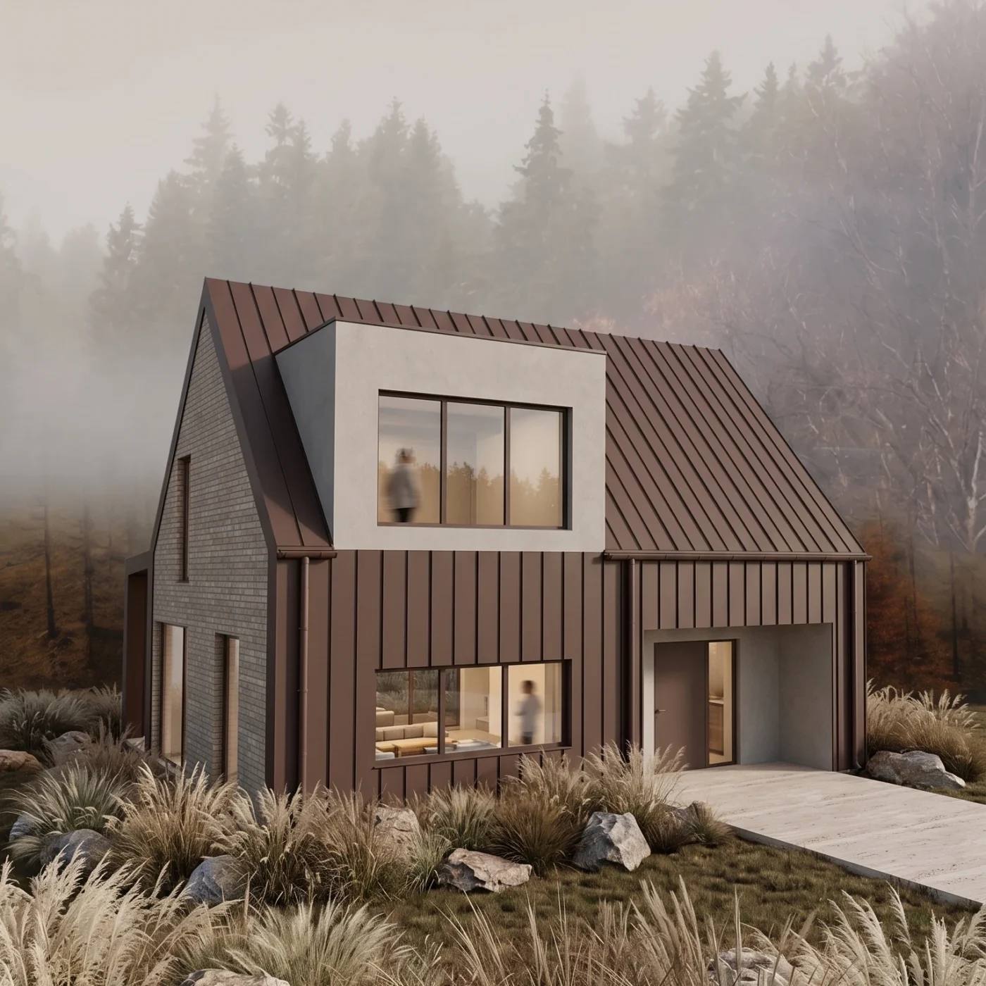 MK Archistudio, architekt Białystok, Projekt domu jednorodzinnego w lesie, cegła, blacha na rąbek, elewacja północno-zachodnia, Augustów