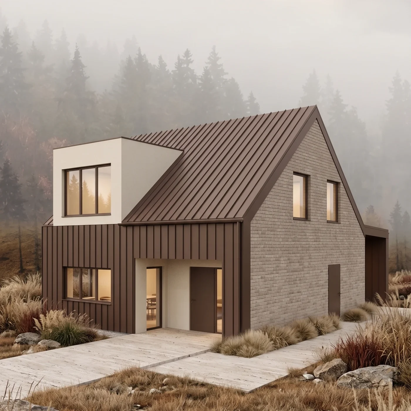 MK Archistudio, architekt Białystok, Projekt domu jednorodzinnego w lesie, cegła, blacha na rąbek, elewacja południowo-zachodnia, Augustów