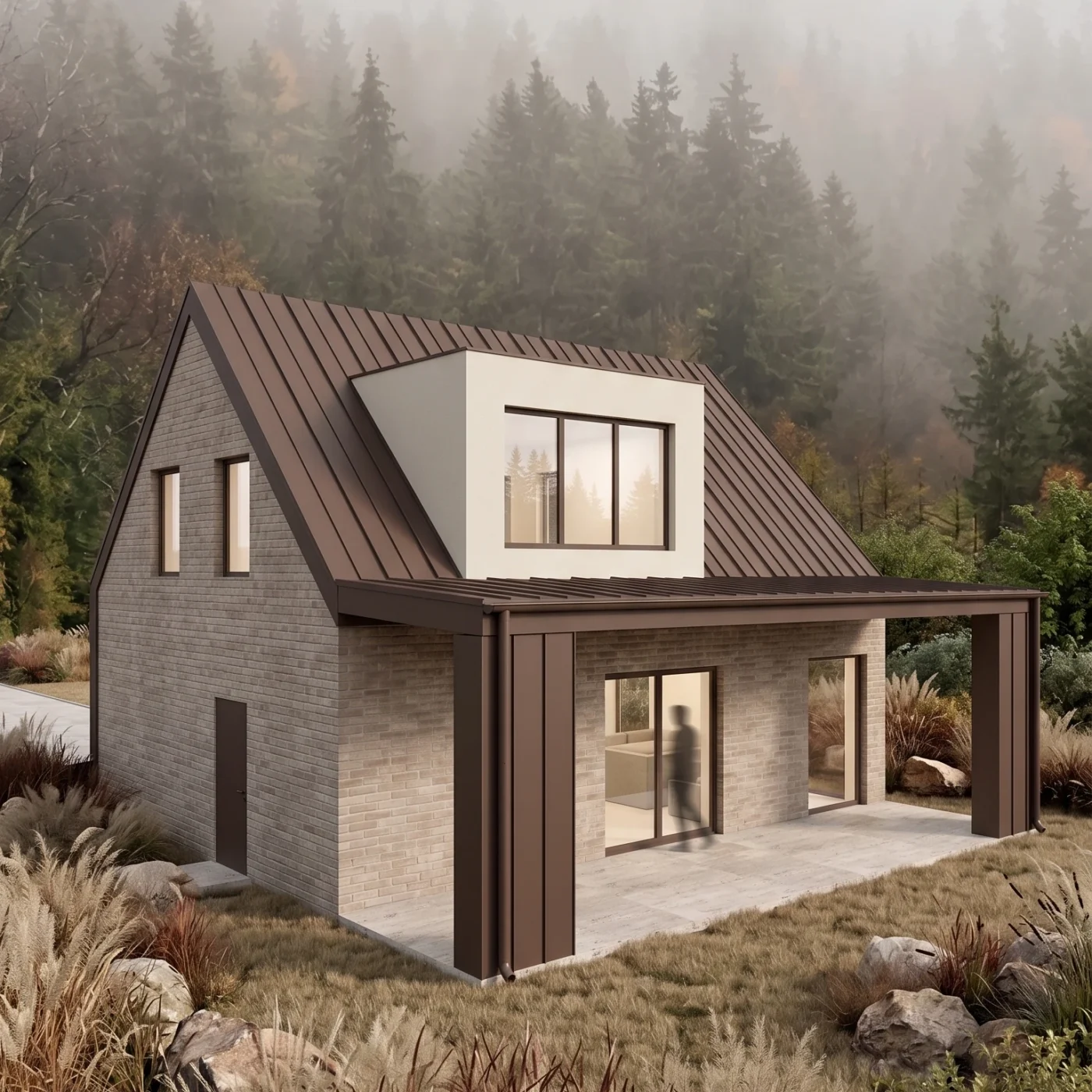 MK Archistudio, architekt Białystok, Projekt domu jednorodzinnego w lesie, cegła, blacha na rąbek, elewacja północno-zachodnia, Augustów