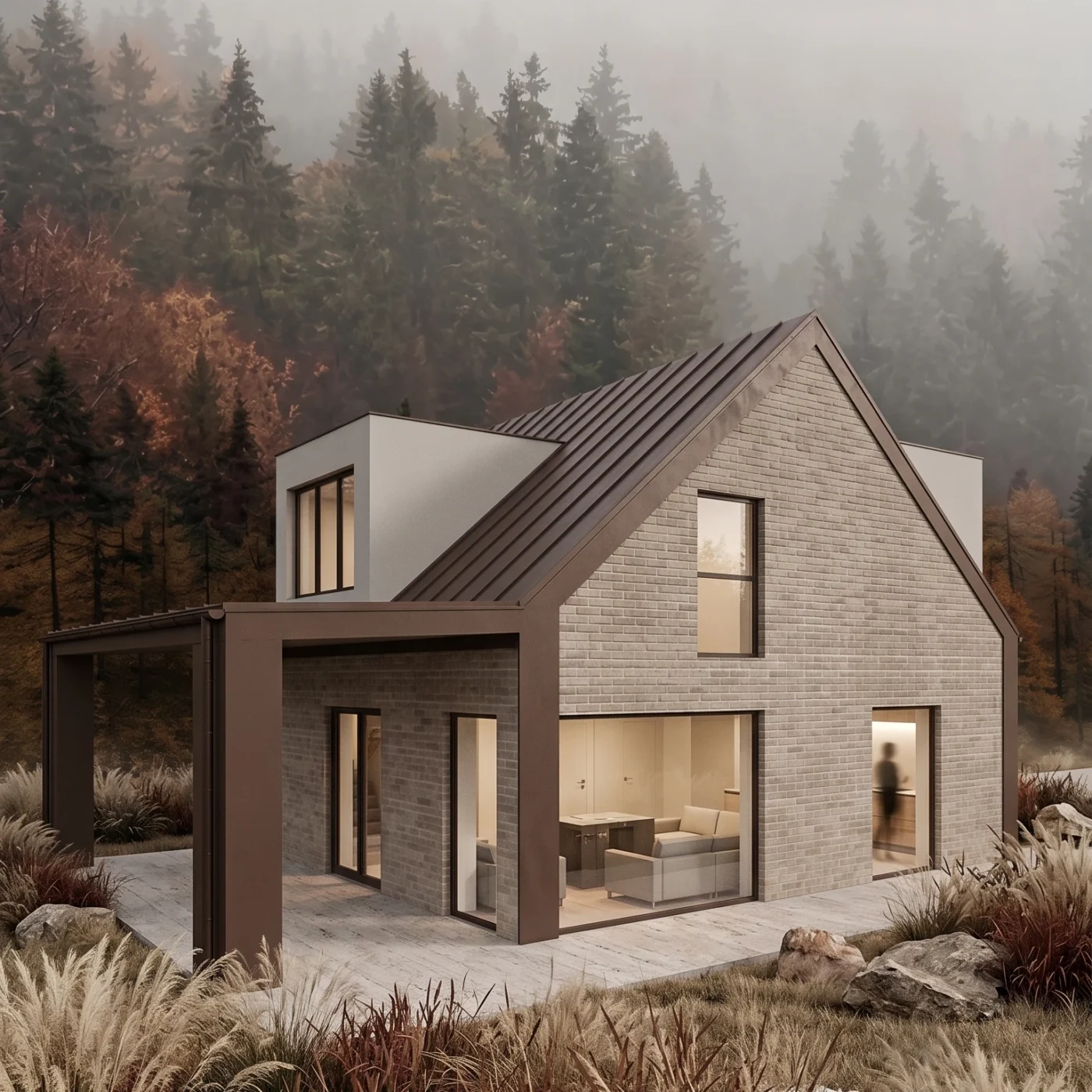 MK Archistudio, architekt Białystok, Projekt domu jednorodzinnego w lesie, cegła, blacha na rąbek, elewacja południowo-wschodnia, Augustów