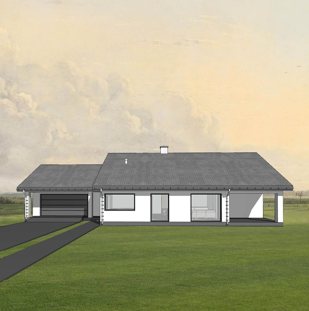 Projekt domu energooszczędnego, parterowego, drewnianego, w konstrukcji szkieletowej, elewacja południowa