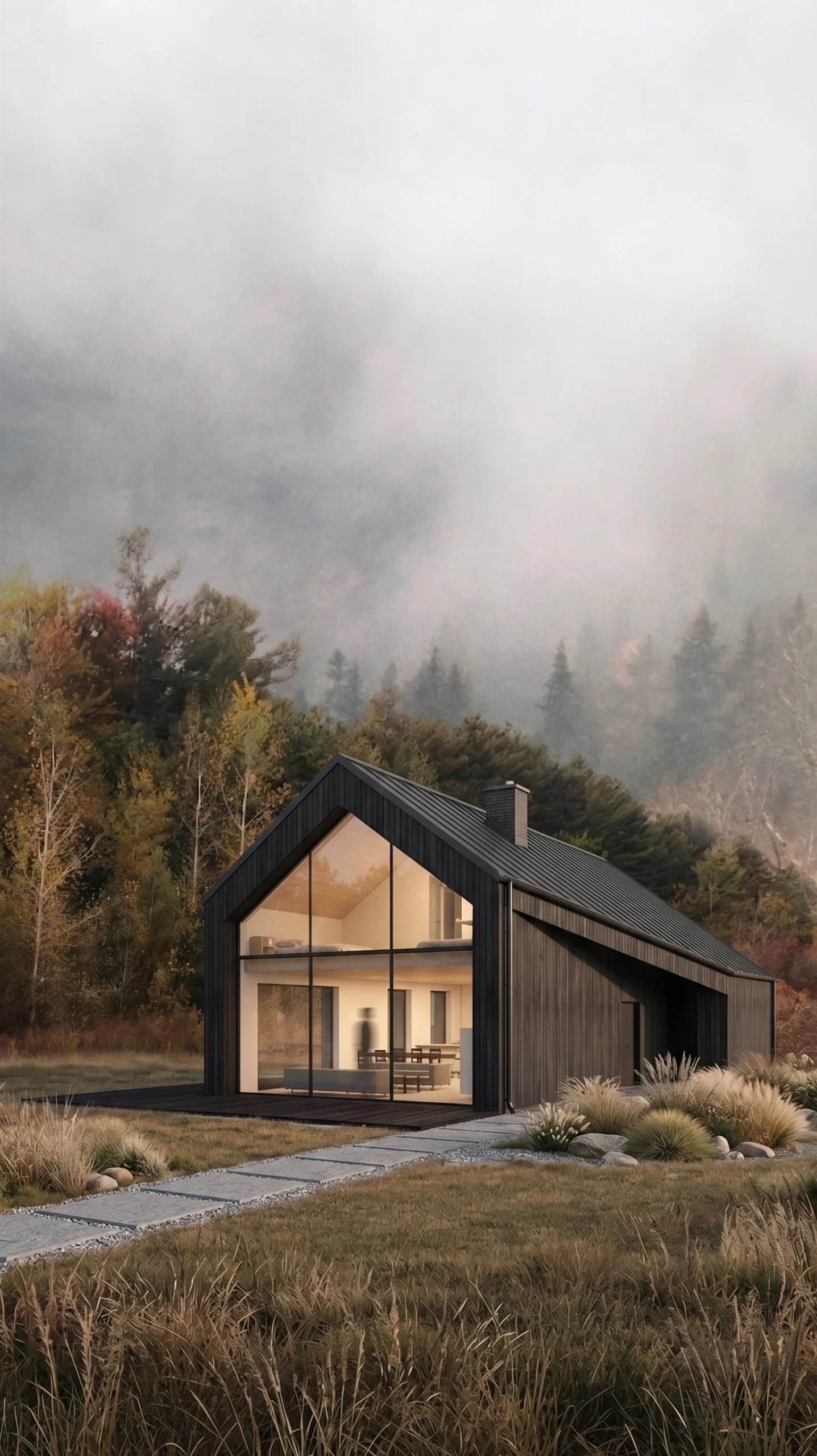 Projekt domu energooszczędnego pod lasem, elewacja z ciemniej opalanej deski, trójkątne okna, trapezowe okna, Białystok, MK Archuistudio