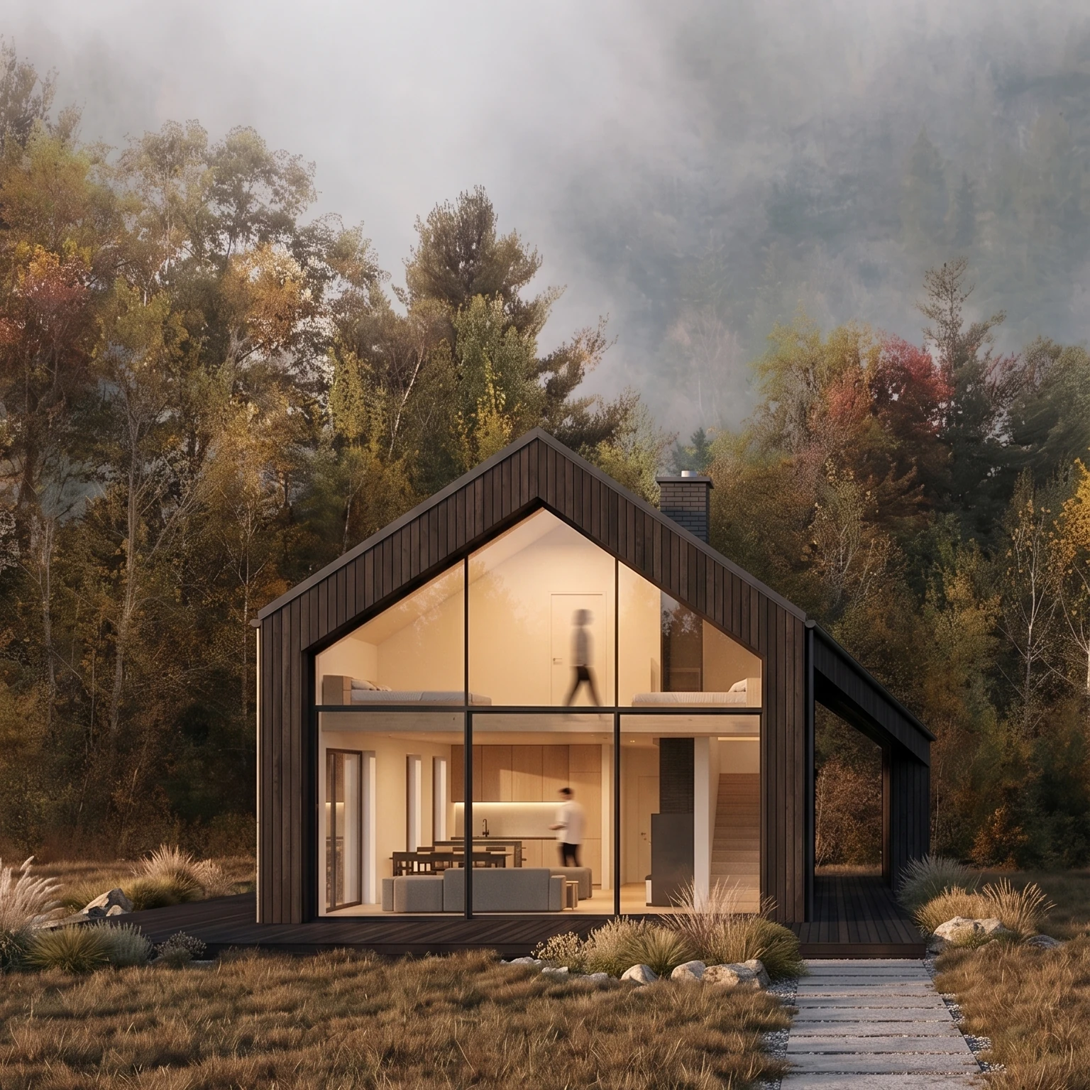 Projekt domu energooszczędnego pod lasem, elewacja z ciemniej opalanej deski, trójkątne okna, trapezowe okna, Białystok, widok na elewacje szczytową, MK Archuistudio