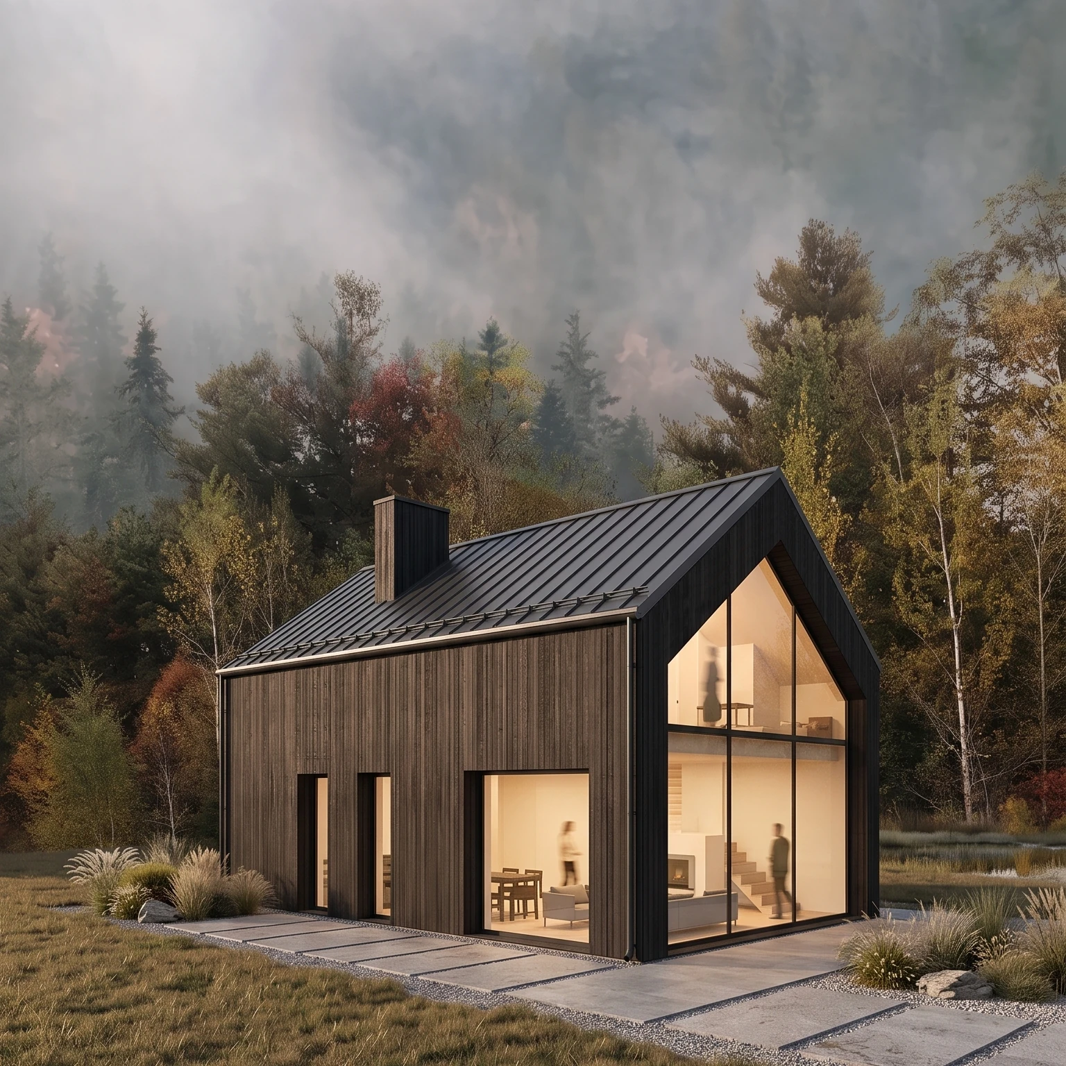 Projekt domu energooszczędnego pod lasem, elewacja z ciemniej opalanej deski, trójkątne okna, trapezowe okna, widok z ogrodu, Białystok, MK Archuistudio
