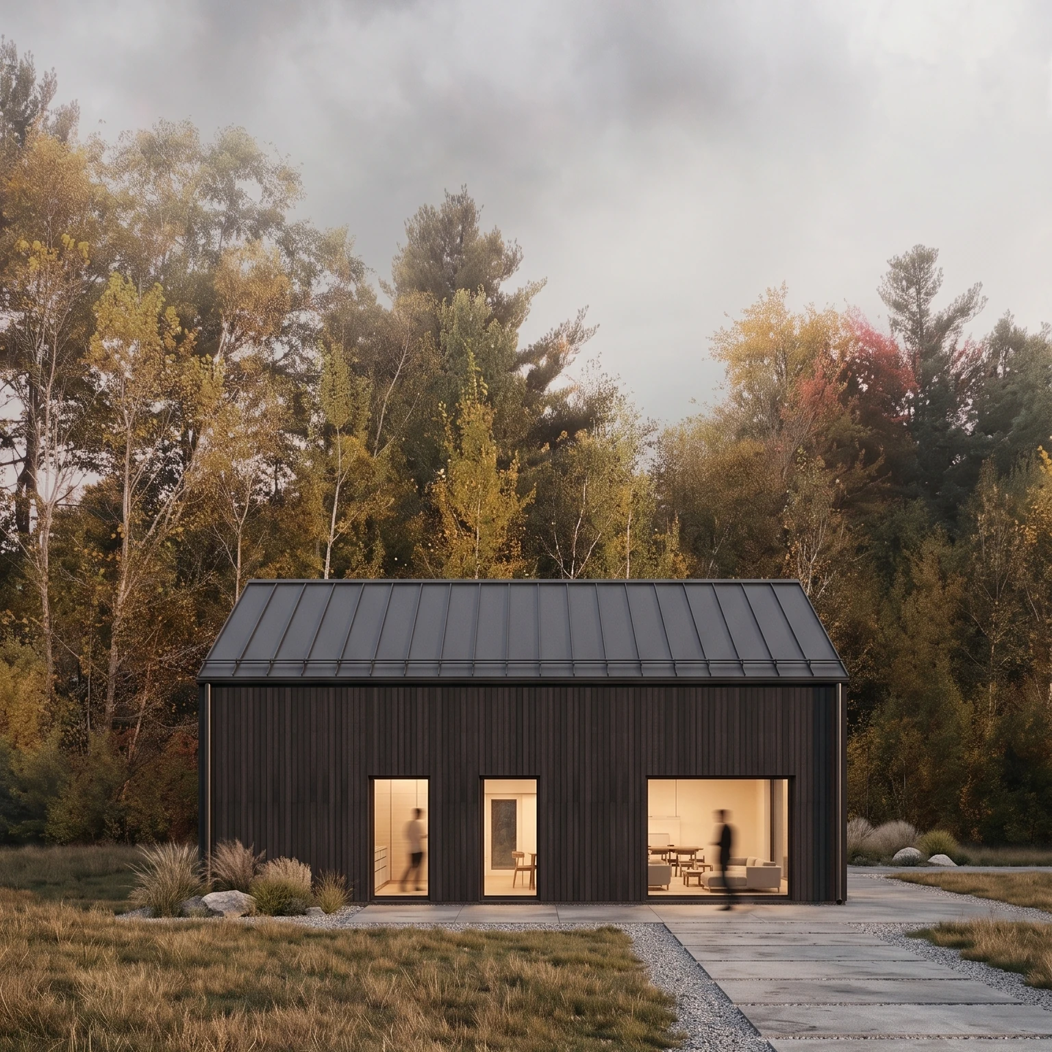 Projekt domu energooszczędnego pod lasem, elewacja z ciemniej opalanej deski, trójkątne okna, trapezowe okna, Białystok, elewacja zachodnia, MK Archuistudio