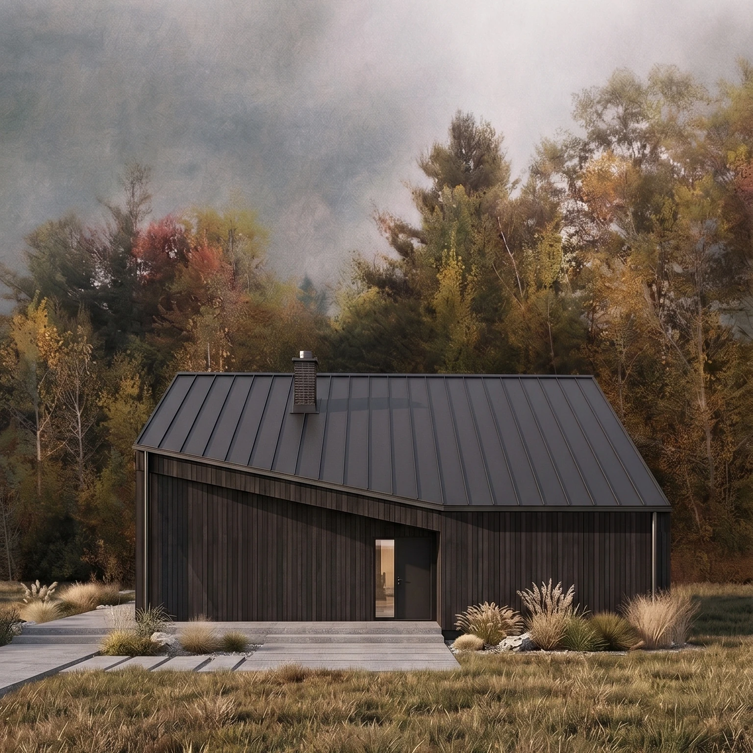 Projekt domu energooszczędnego pod lasem, elewacja z ciemniej opalanej deski, trójkątne okna, trapezowe okna, widok na wejście, Białystok, MK Archuistudio