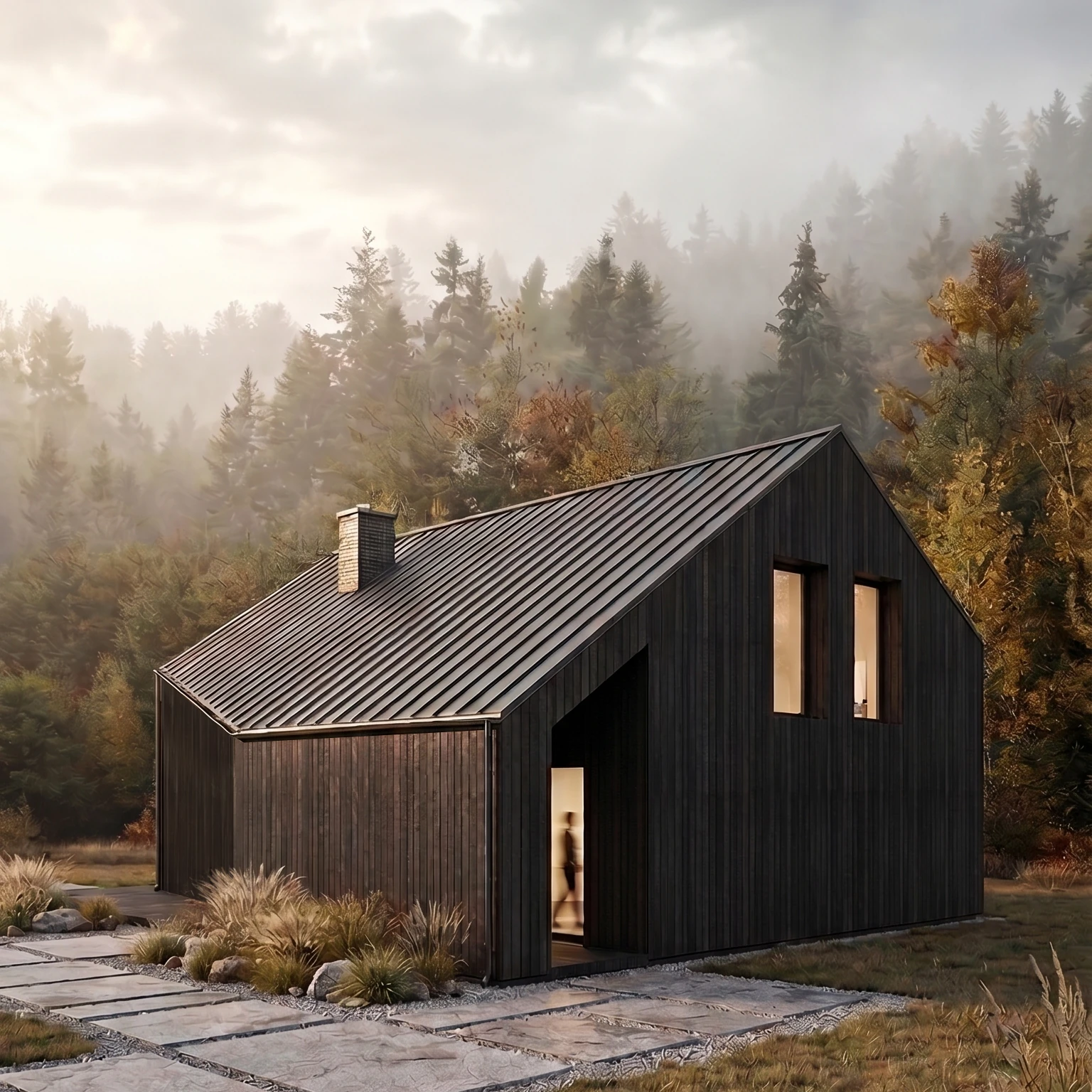 Projekt domu energooszczędnego pod lasem, elewacja z ciemniej opalanej deski, trójkątne okna, trapezowe okna, Białystok, elewacja północna, MK Archuistudio