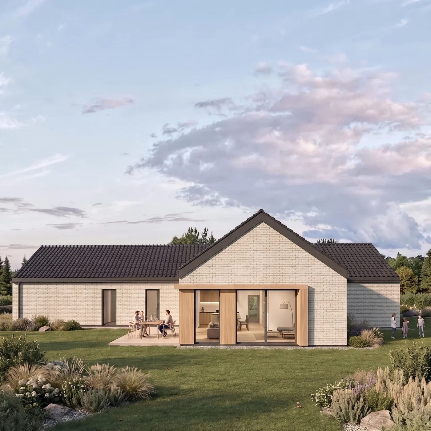 Projekt energooszczędnego domu, parterowy z jasnej cegły, widok na część dzienną