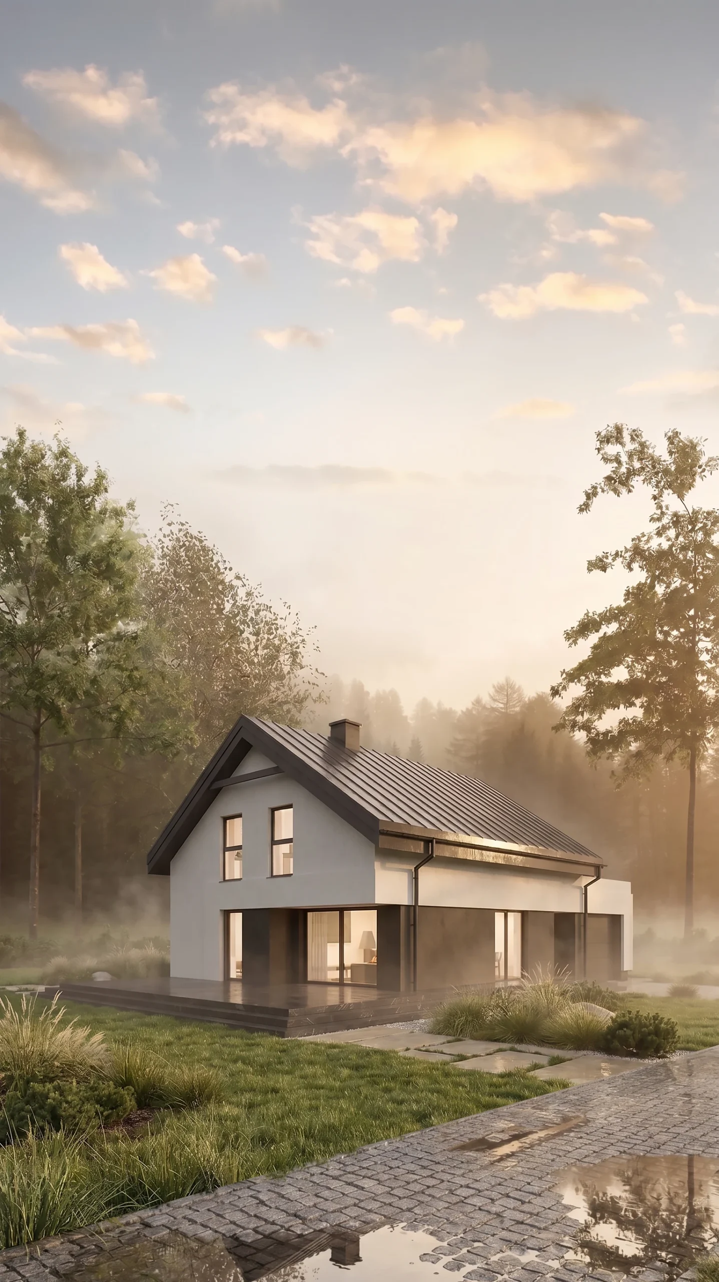 Projekt domu energooszczędnego z wjazdem od południa, prosty, praktyczny, elewacja tynkowana, rodzina 2+3, elewacja południowo-zachodnia, widok na wejście i taras,