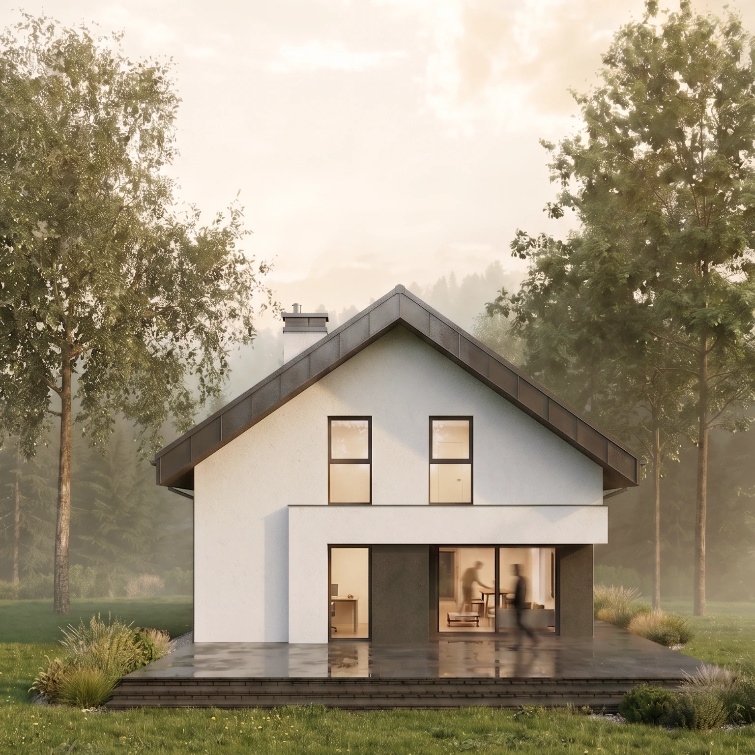 Projekt domu energooszczędnego z wjazdem od południa, prosty, praktyczny, elewacja tynkowana, rodzina 2+3, elewacja zachodnia, widok na taras,