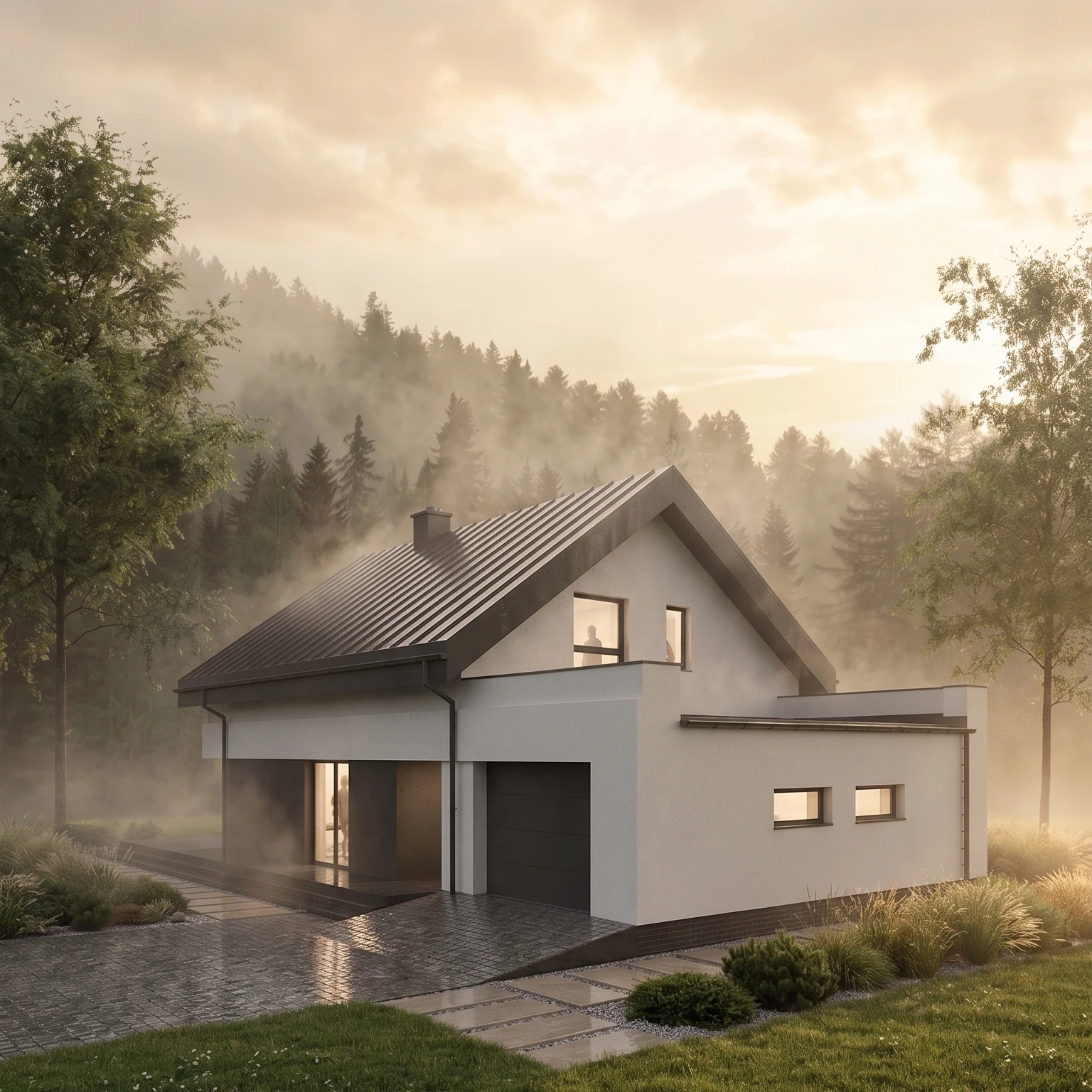 Projekt domu energooszczędnego z wjazdem od południa, prosty, praktyczny, elewacja tynkowana, rodzina 2+3, elewacja południowo-wschodnia, widok na wejście i wjazd do południa,