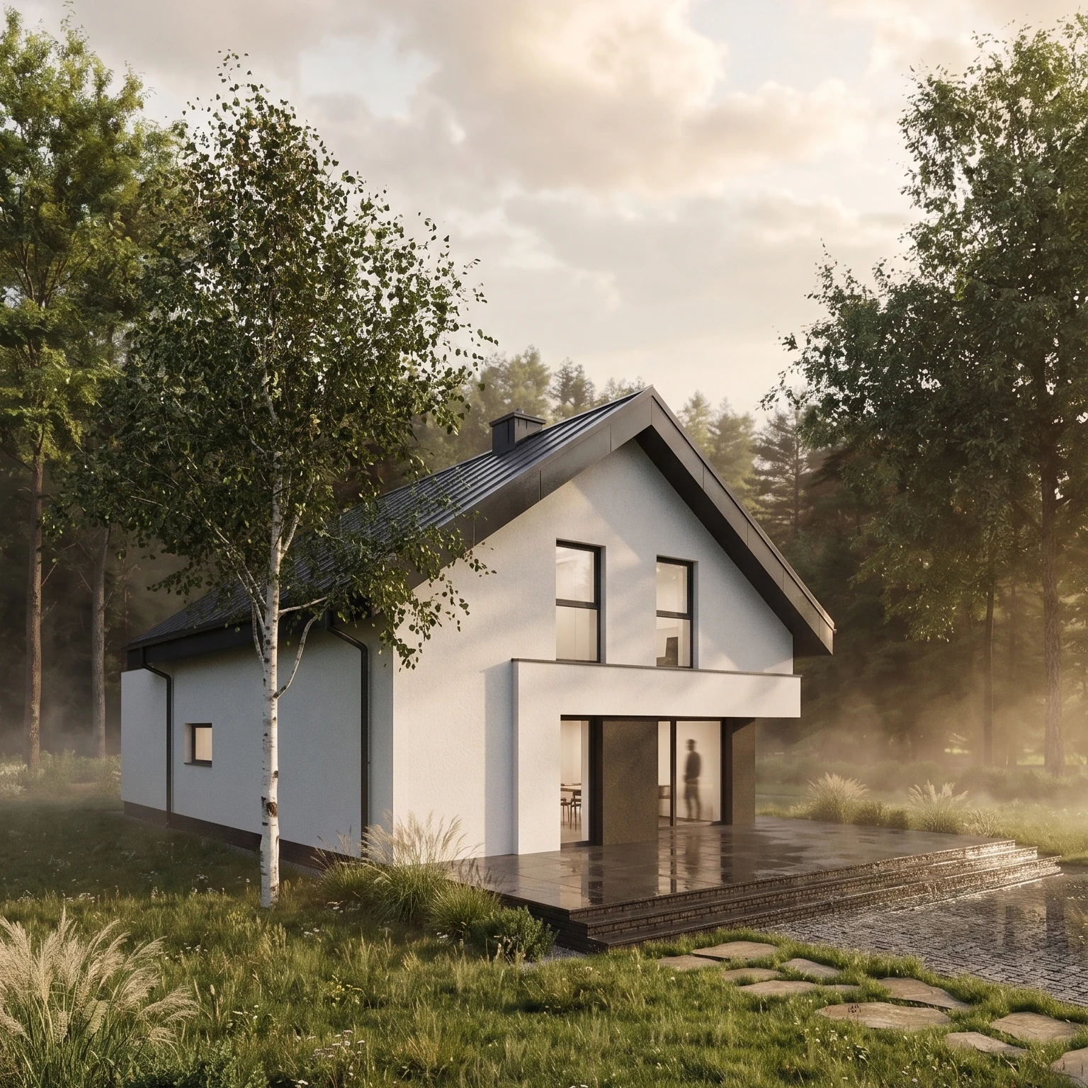 Projekt domu energooszczędnego z wjazdem od południa, prosty, praktyczny, elewacja tynkowana, rodzina 2+3, elewacja północno-zachodnia widok na taras