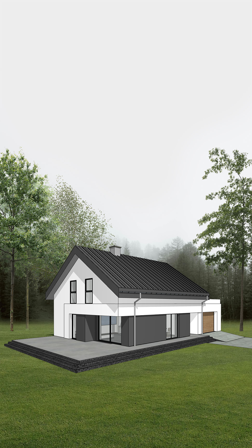 Projekt domu energooszczędnego z wjazdem od południa, prosty, praktyczny, elewacja tynkowana, rodzina 2+3, elewacja południowo-zachodnia, widok na wejście i taras