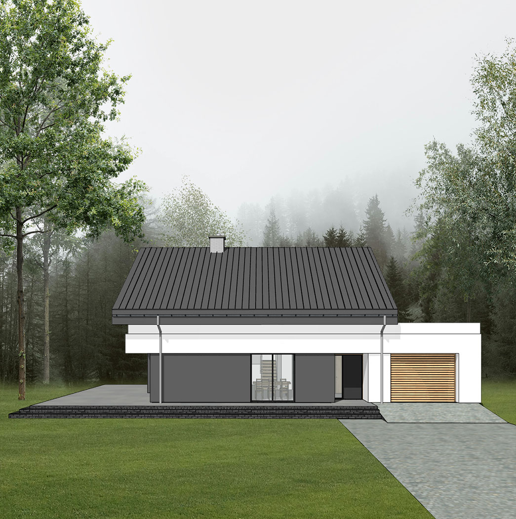 Projekt domu energooszczędnego z wjazdem od południa, prosty, praktyczny, elewacja tynkowana, rodzina 2+3, elewacja południowa, widok na wjazd i wejście