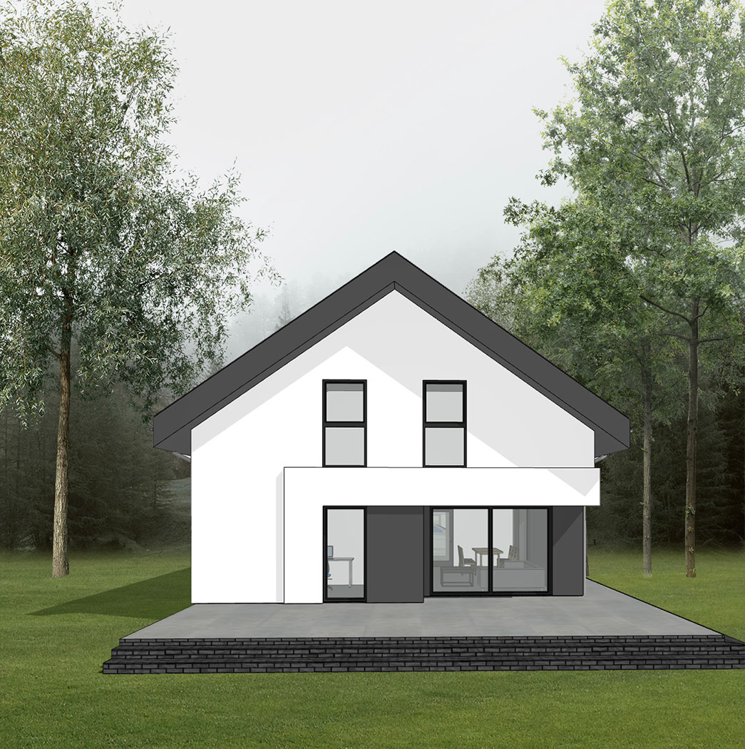 Projekt domu energooszczędnego z wjazdem od południa, prosty, praktyczny, elewacja tynkowana, rodzina 2+3, elewacja zachodnia, widok na taras