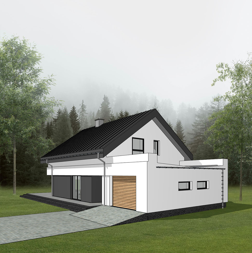 Projekt domu energooszczędnego z wjazdem od południa, prosty, praktyczny, elewacja tynkowana, rodzina 2+3, elewacja południowo-wschodnia, widok na wejście i wjazd do południa