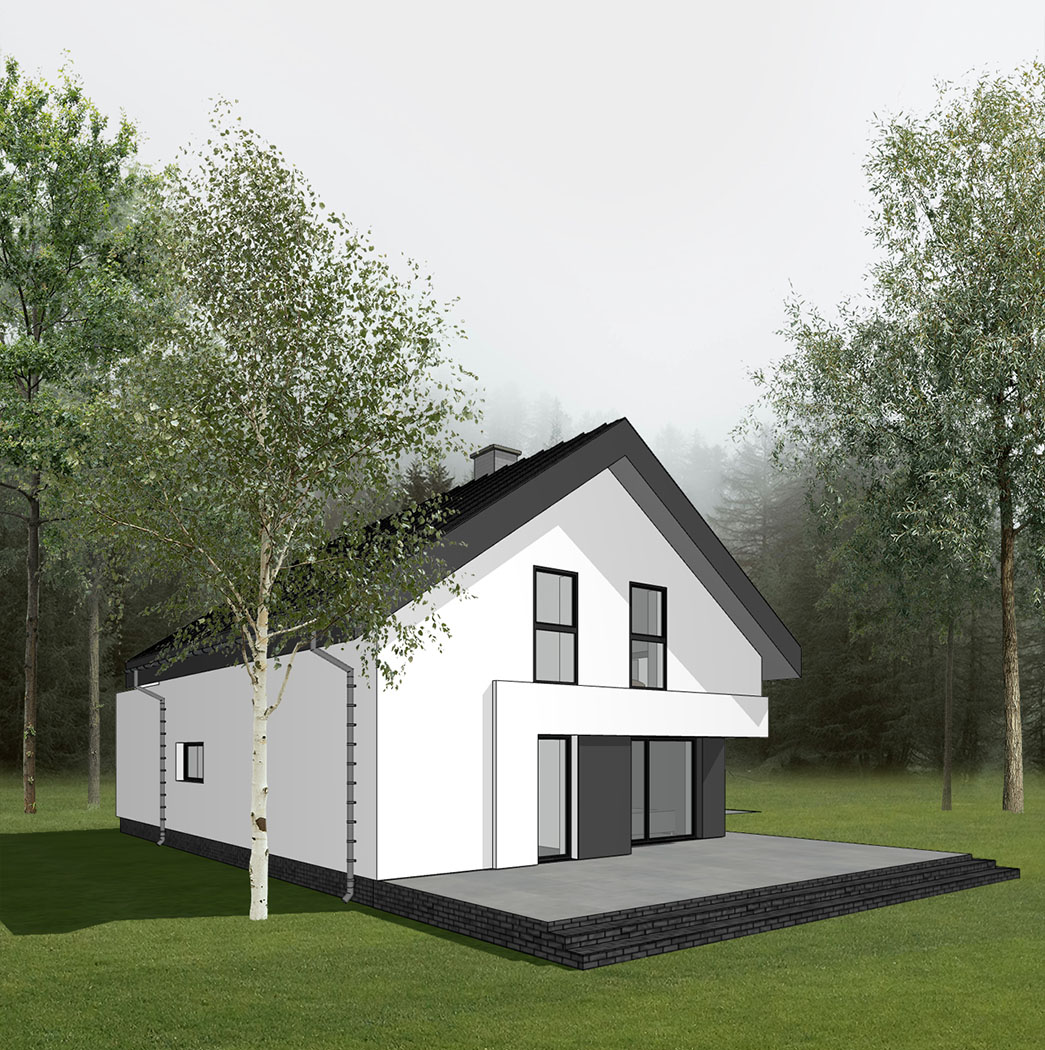 Projekt domu energooszczędnego z wjazdem od południa, prosty, praktyczny, elewacja tynkowana, rodzina 2+3, elewacja północno-zachodnia widok na taras