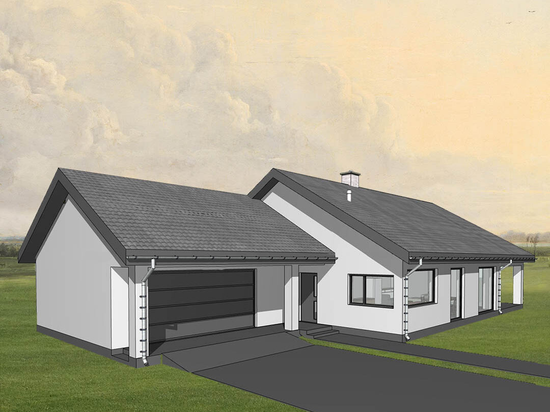 Projekt domu energooszczędnego, parterowego, drewnianego, w konstrukcji szkieletowej, elewacja południowo-zachodnia, Kolno