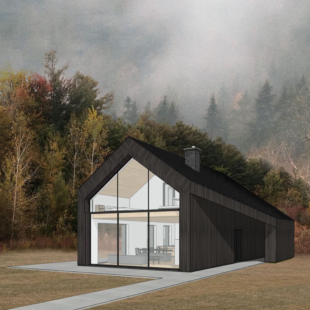 projekt domu energooszczędnego pod lasem, w lesie, deska opalana, trójkątne okna, trapezowe okna, Białystok, projekt z architektem, MK Archuistudio