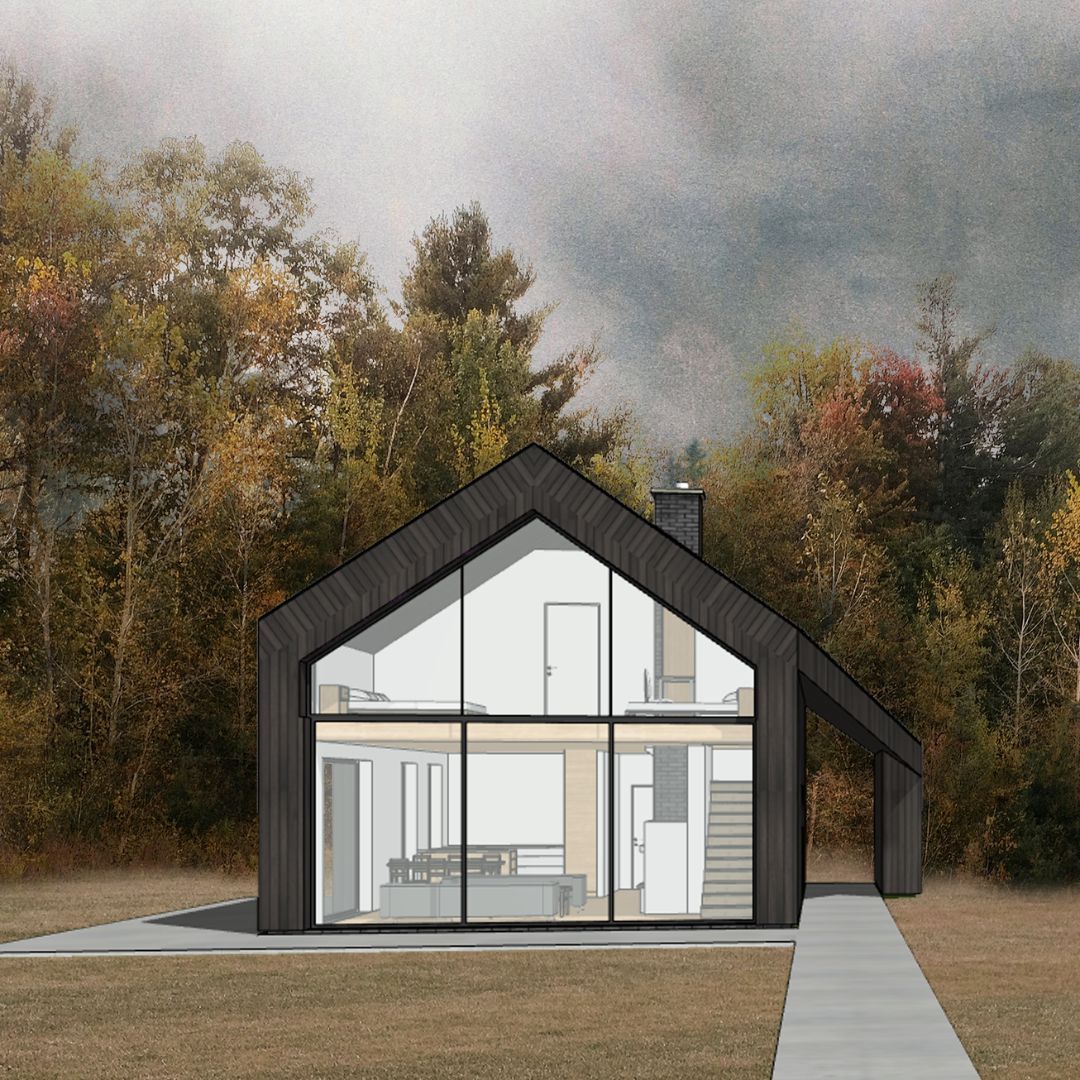 projekt domu energooszczędnego pod lasem, w lesie, deska opalana, trójkątne okna, trapezowe okna, Białystok, projekt z architektem, MK Archuistudio