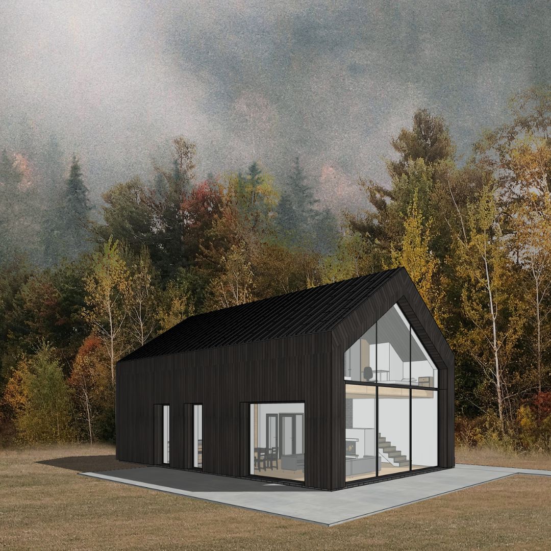 projekt domu energooszczędnego pod lasem, w lesie, deska opalana, trójkątne okna, trapezowe okna, Białystok, projekt z architektem, MK Archuistudio