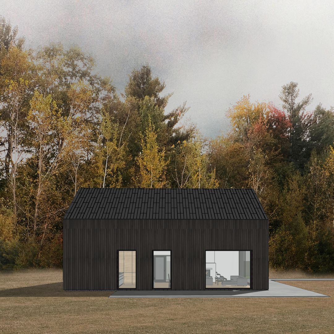 projekt domu energooszczędnego pod lasem, w lesie, deska opalana, trójkątne okna, trapezowe okna, Białystok, projekt z architektem, MK Archuistudio