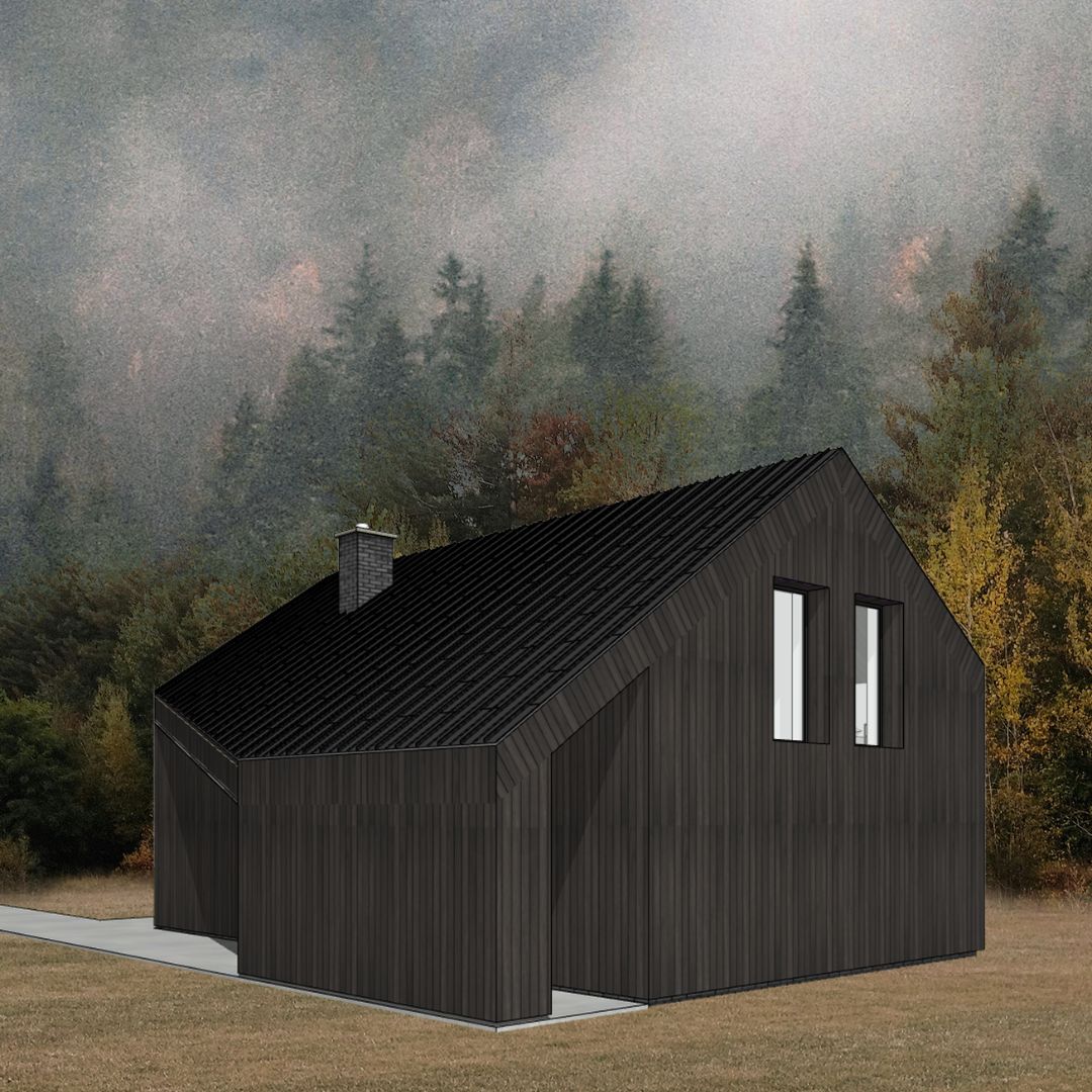 projekt domu energooszczędnego pod lasem, w lesie, deska opalana, trójkątne okna, trapezowe okna, Białystok, projekt z architektem, MK Archuistudio