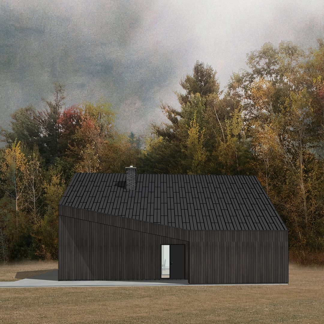 projekt domu energooszczędnego pod lasem, w lesie, deska opalana, trójkątne okna, trapezowe okna, Białystok, projekt z architektem, MK Archuistudio