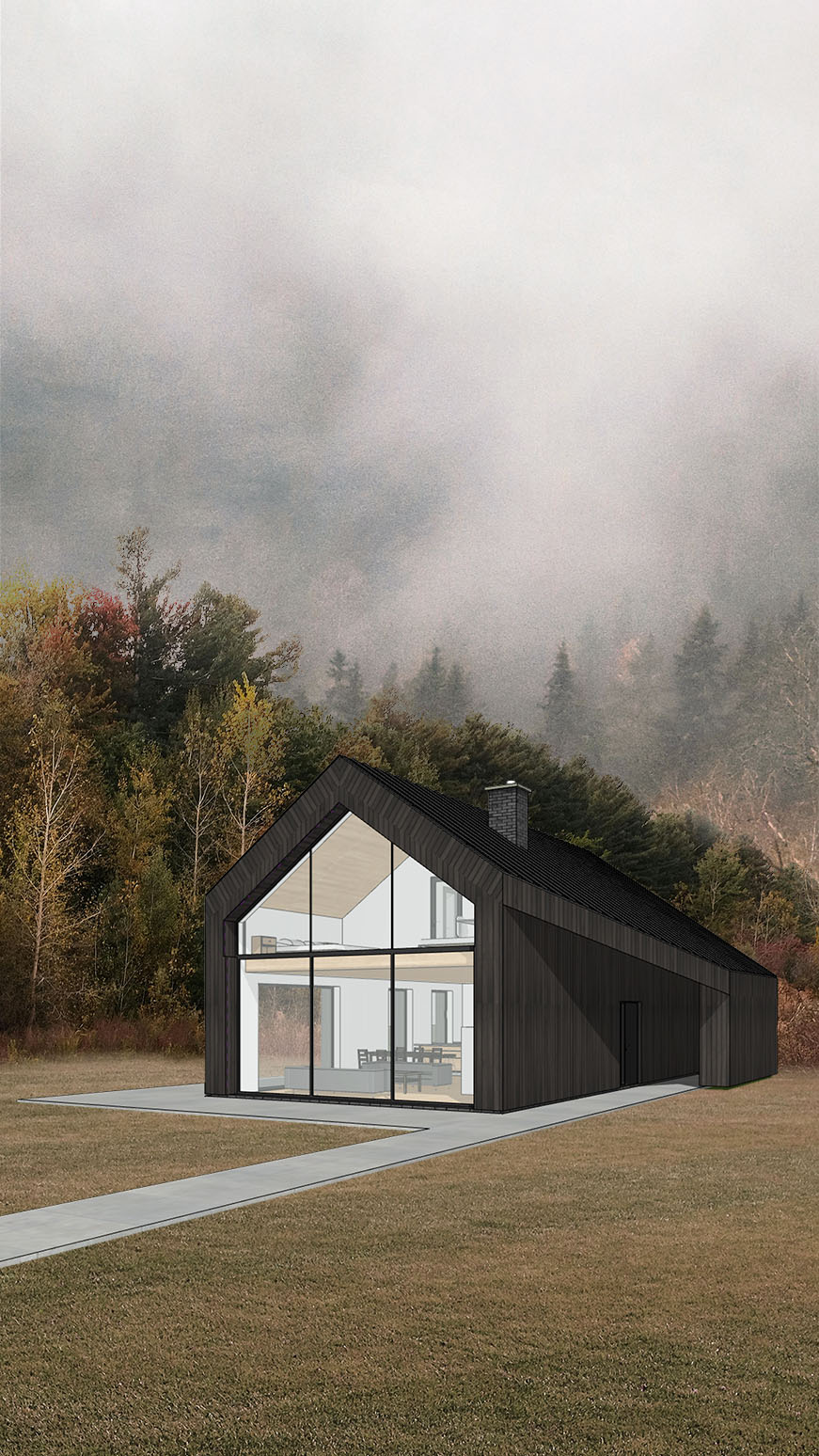 projekt domu energooszczędnego pod lasem, w lesie, deska opalana, trójkątne okna, trapezowe okna, Białystok, projekt z architektem, MK Archuistudio