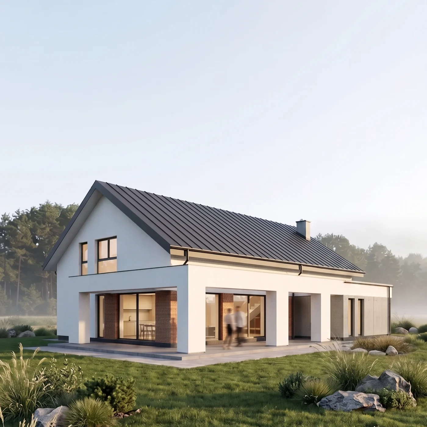 Projekt domu typu nowoczesna stodoła dwuspadowy dach, MK Archistudio, elewacja ogrodowa, duże, przesuwne okna