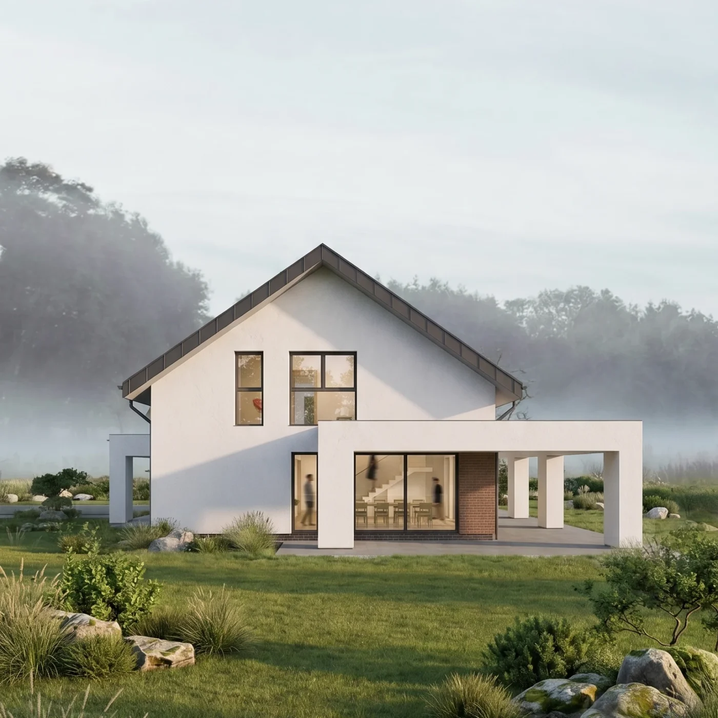 Projekt domu typu nowoczesna stodoła, dwuspadowy dach, MK Archistudio, elewacja zachodnia, elewacja z białego tynku, brązowej cegły klinkierowej i betonu, dach z blachy na rąbek