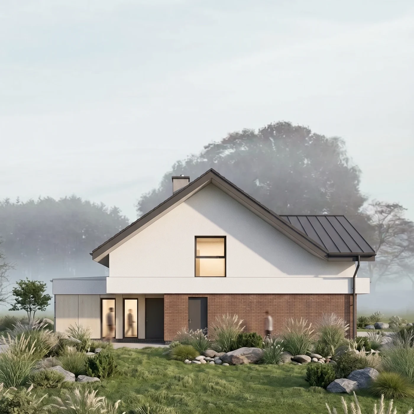 Projekt domu typu nowoczesna stodoła, dwuspadowy dach, MK Archistudio, elewacja wschodnia, elewacja z białego tynku, brązowej cegły klinkierowej i betonu, dach z blachy na rąbek