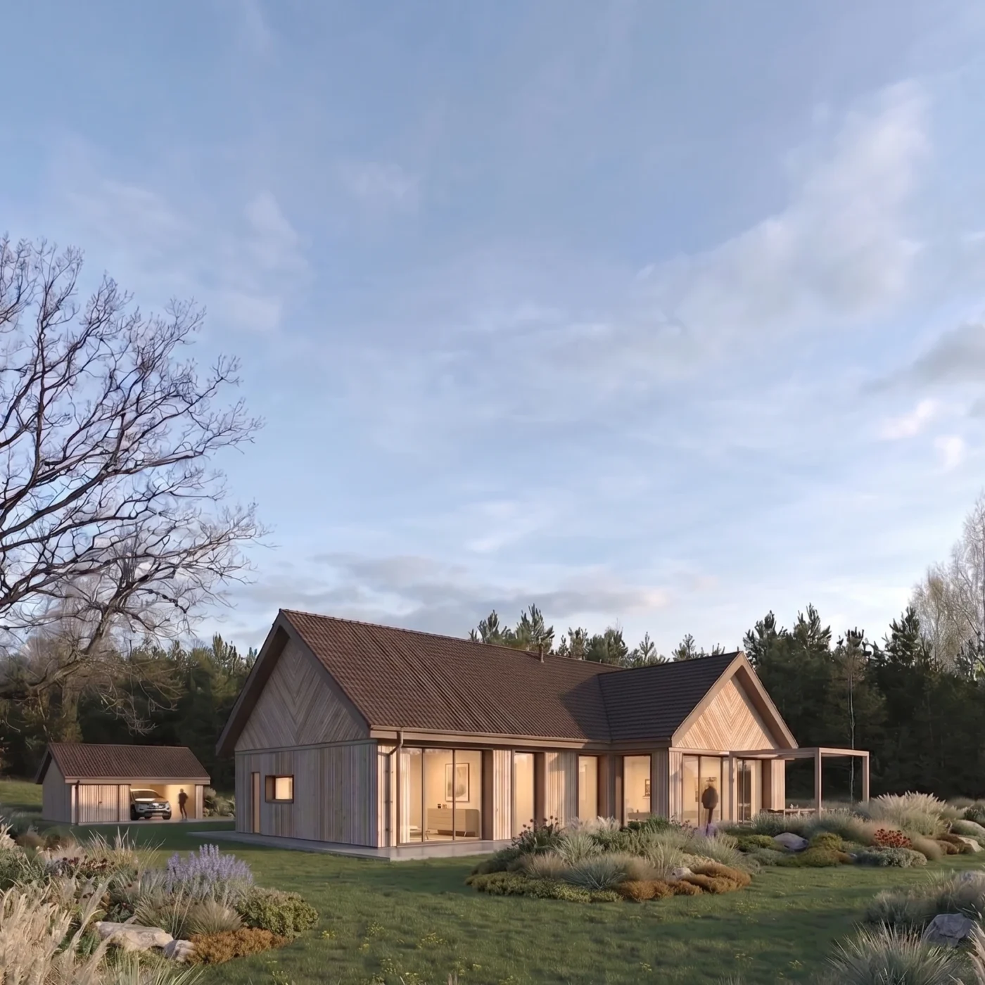 Projekt parterowego domu pasywnego Augustów, woj. podlaskie, MK Archistudio - widok na elewację południowo-zachodnią