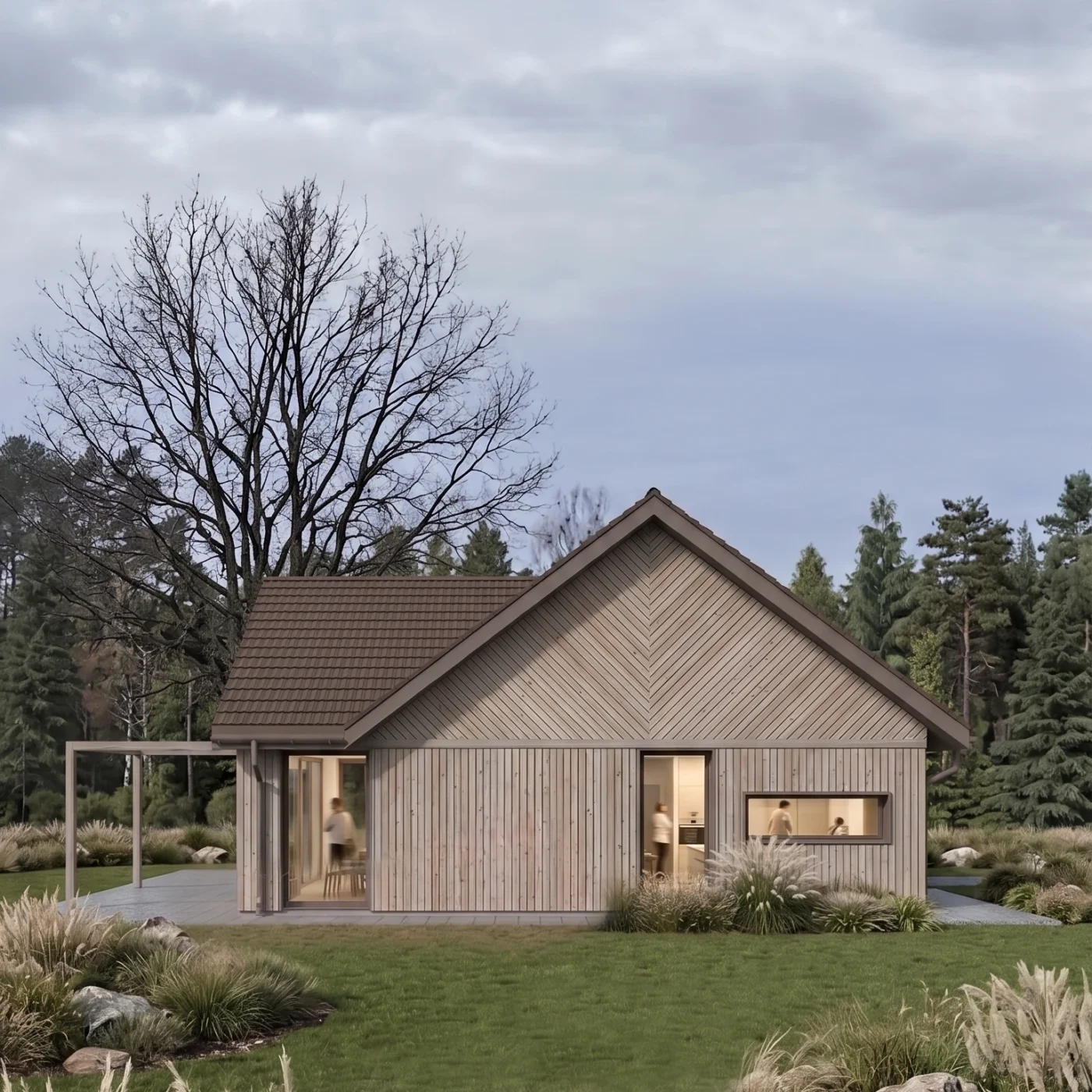 Projekt parterowego domu pasywnego Augustów, woj. podlaskie, MK Archistudio - widok na elewacje wschodnią