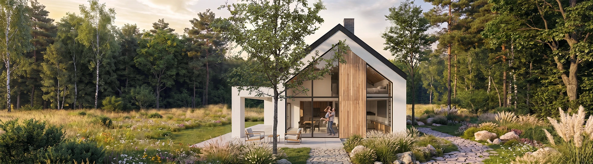 Projekt energooszczędnego domu nowoczesna stodoła z trójkątnymi, trapezowymi oknami. Projekt domu w Białymstoku. Widok na elewacje szczytową, MK Archistudio