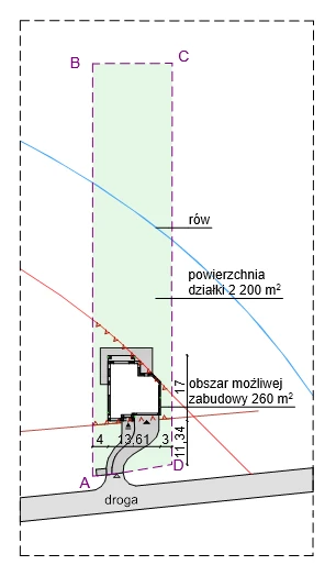 Projekt zagospodarowania terenu z usytuowaniem domu energooszczędnego z południowym wjazdem na trudnej działce o kształcie trapezu.